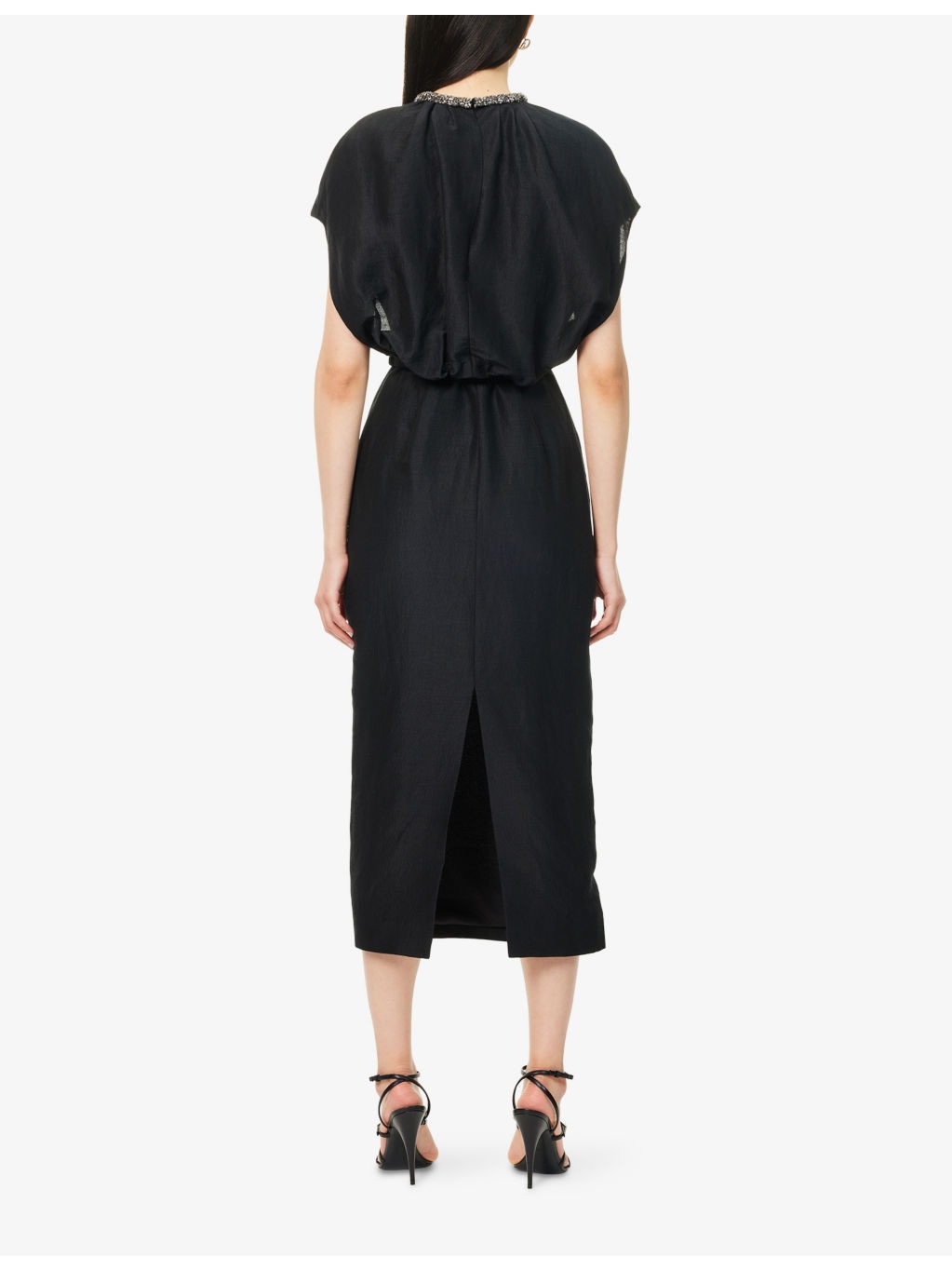 Rhinestone-Embellished Cap-Sleeves Woven Midi Dress - 4