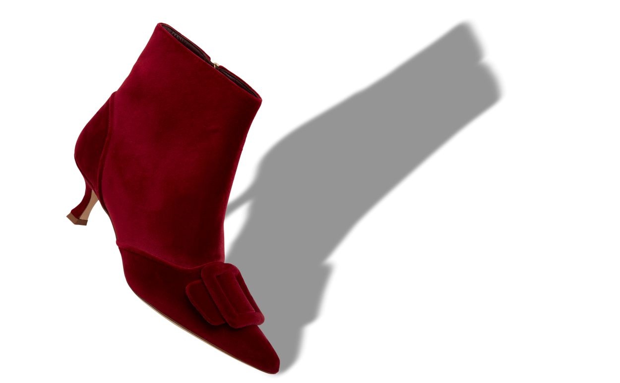 Red Velvet Buckle Detail Ankle Boots - 2