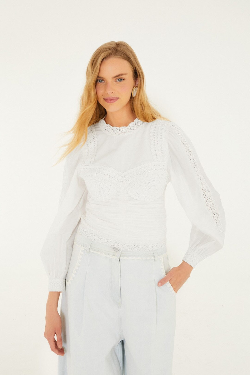 Off-White Crew Neck Long Sleeve Crochet Blouse 1