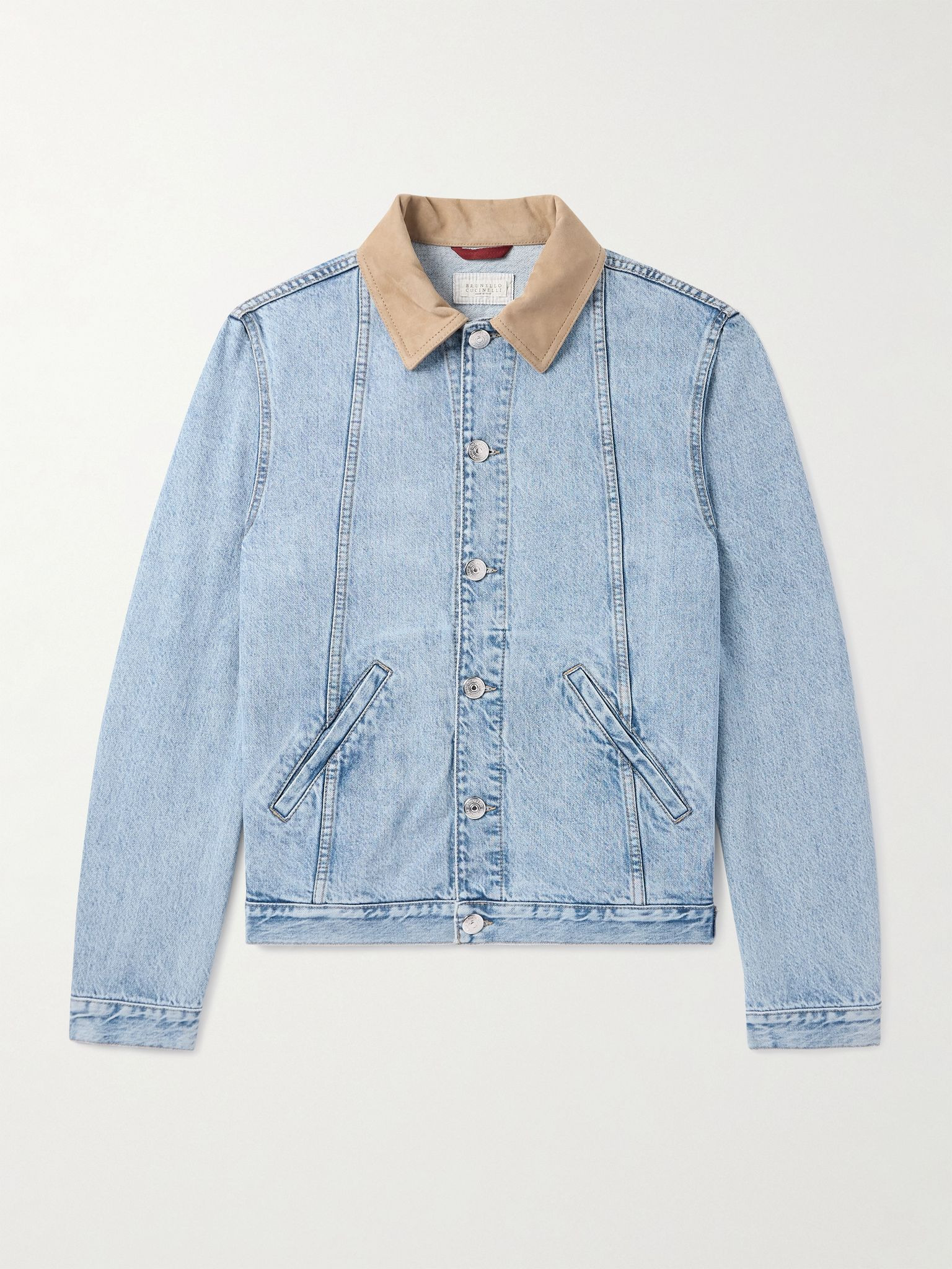 Slim-Fit Suede-Trimmed Denim Jacket Blue - 1