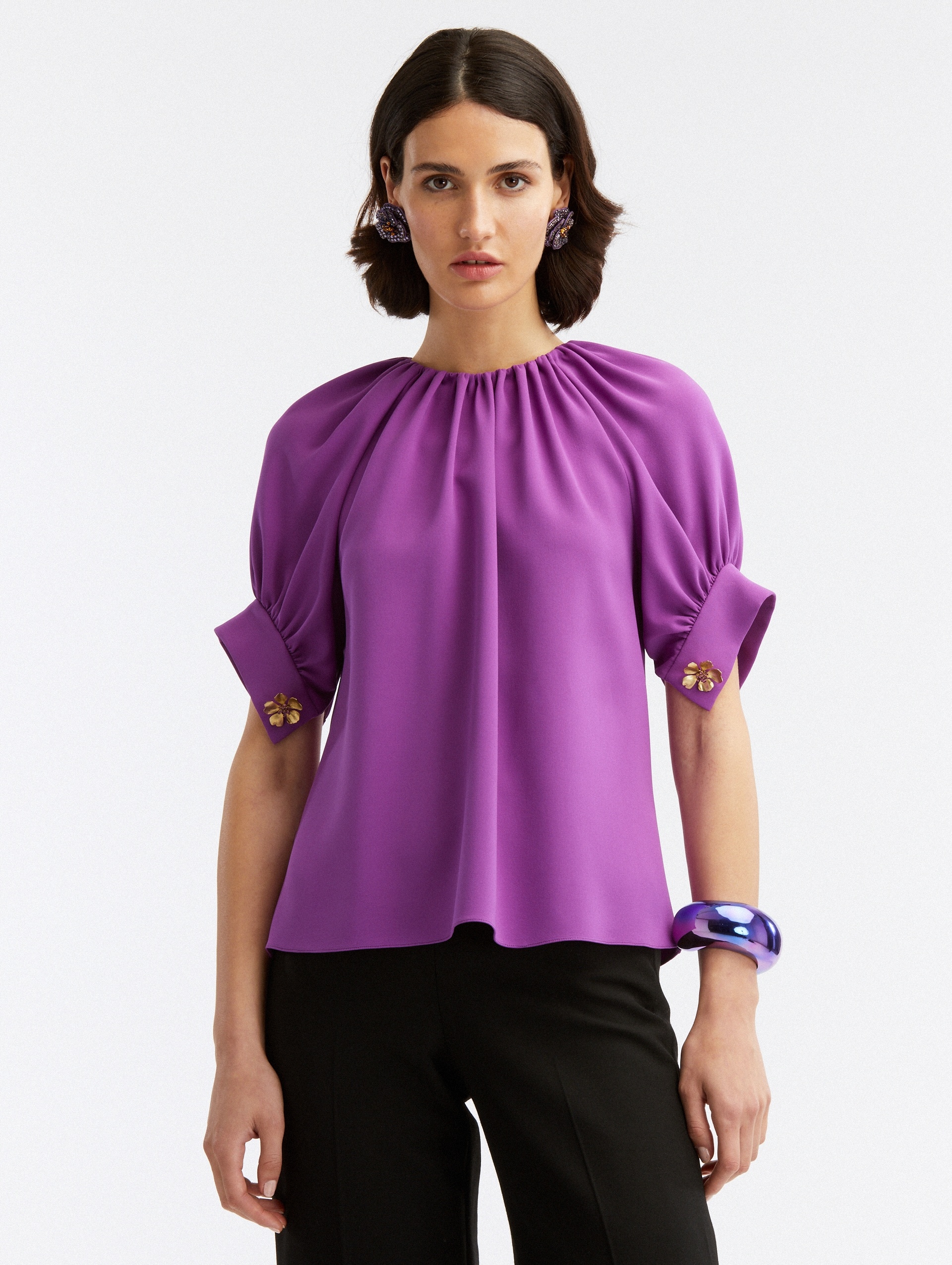 JEWEL NECK GATHERED BLOUSE - 2