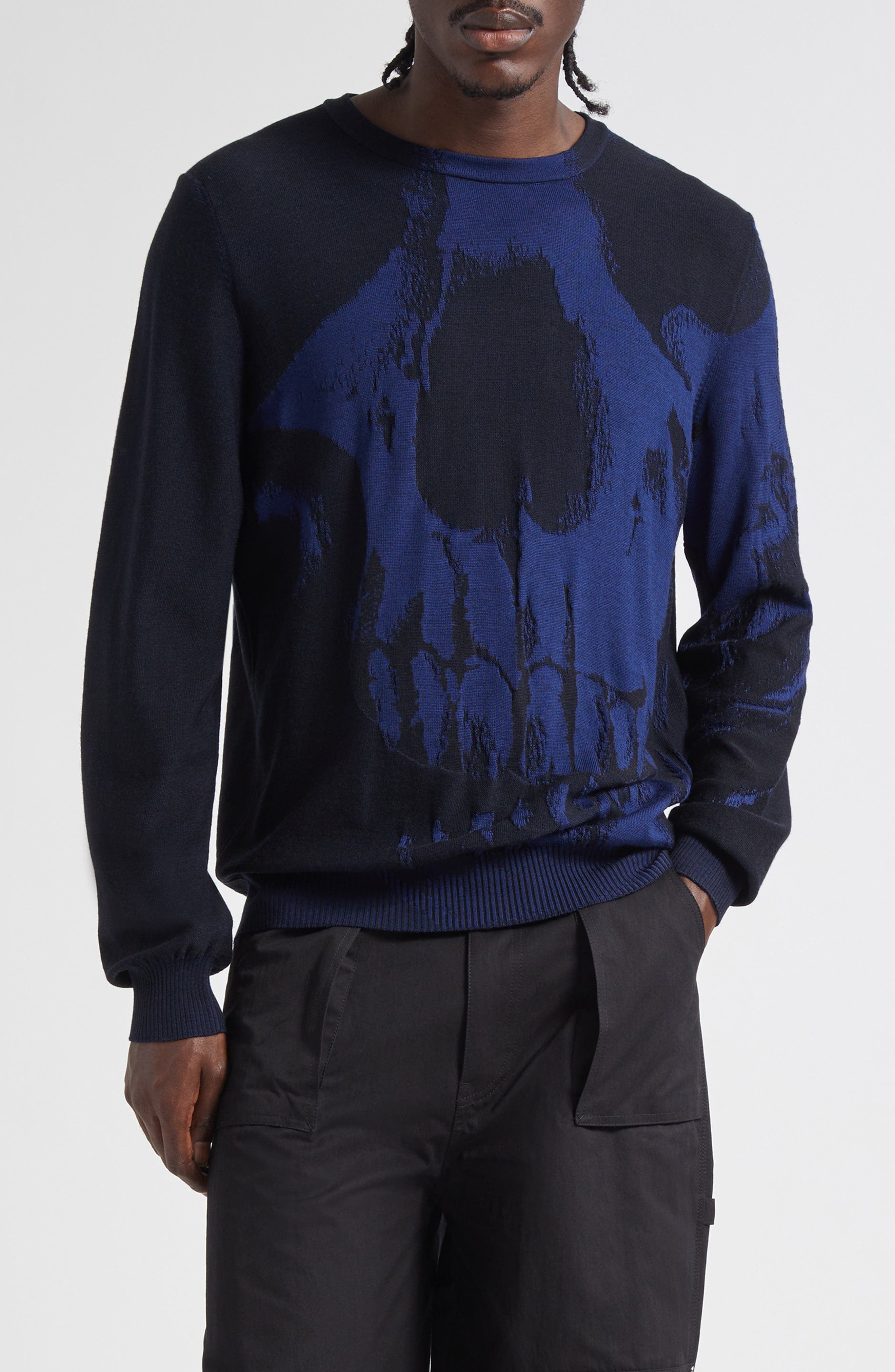 McQueen Skull Double Knit Wool Crewneck Sweater in After Blue/Black at Nordstrom - 1
