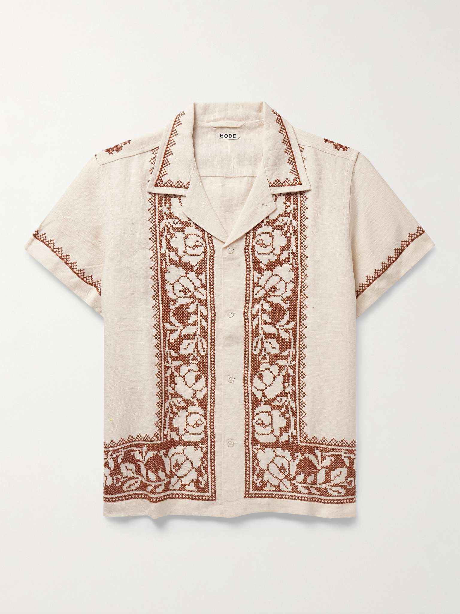 Rose Garland Camp-Collar Cross-Stitched Linen Shirt - 1