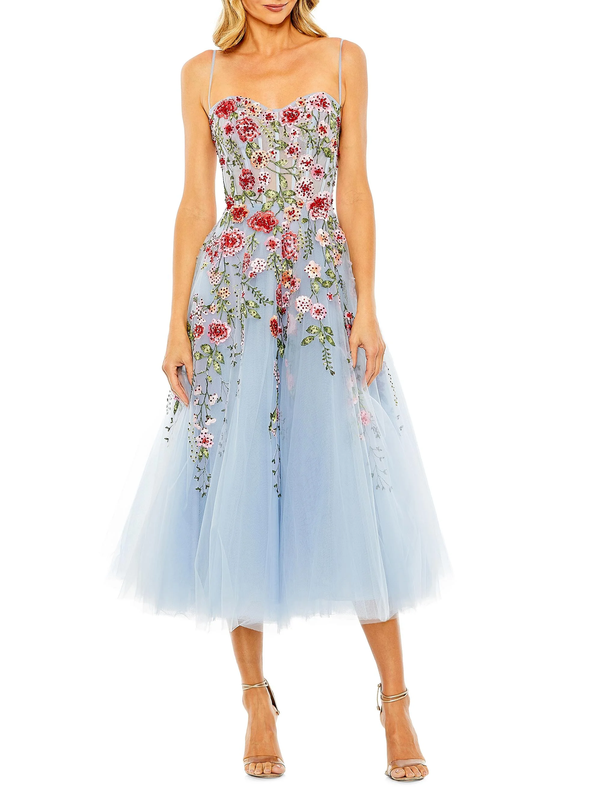Women's Cocktail Floral Embroidered Tulle Midi-Dress - Powder Blue - 1