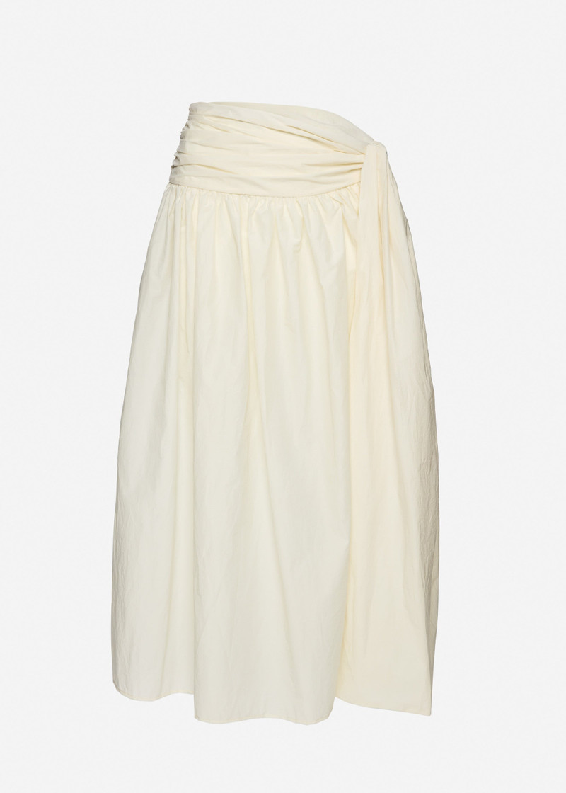 Wrap-tie midi skirt with gathered hem in cream 1