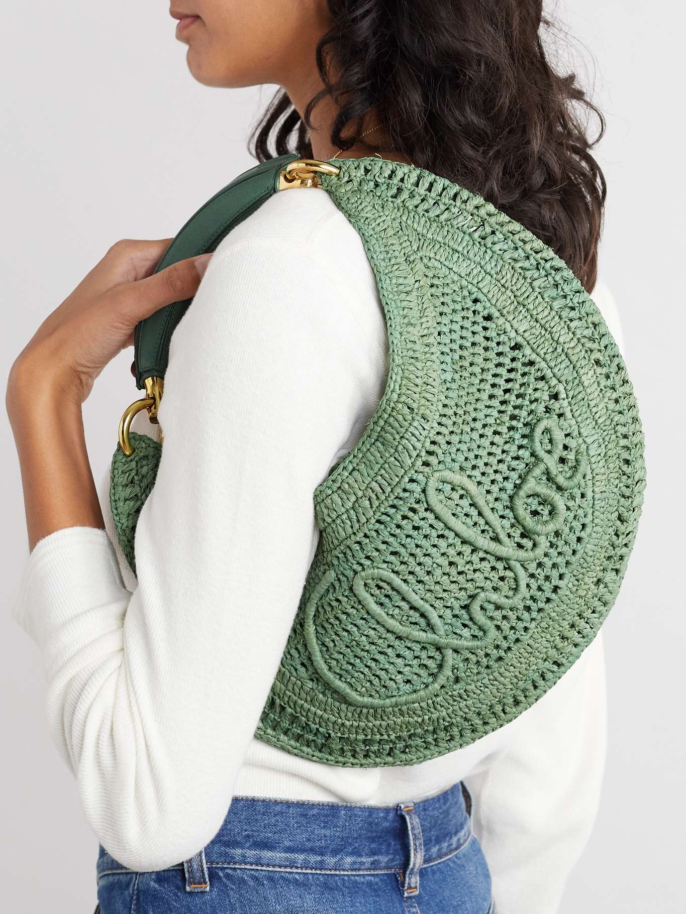 Summer Banana leather-trimmed embroidered raffia tote Mint - 2