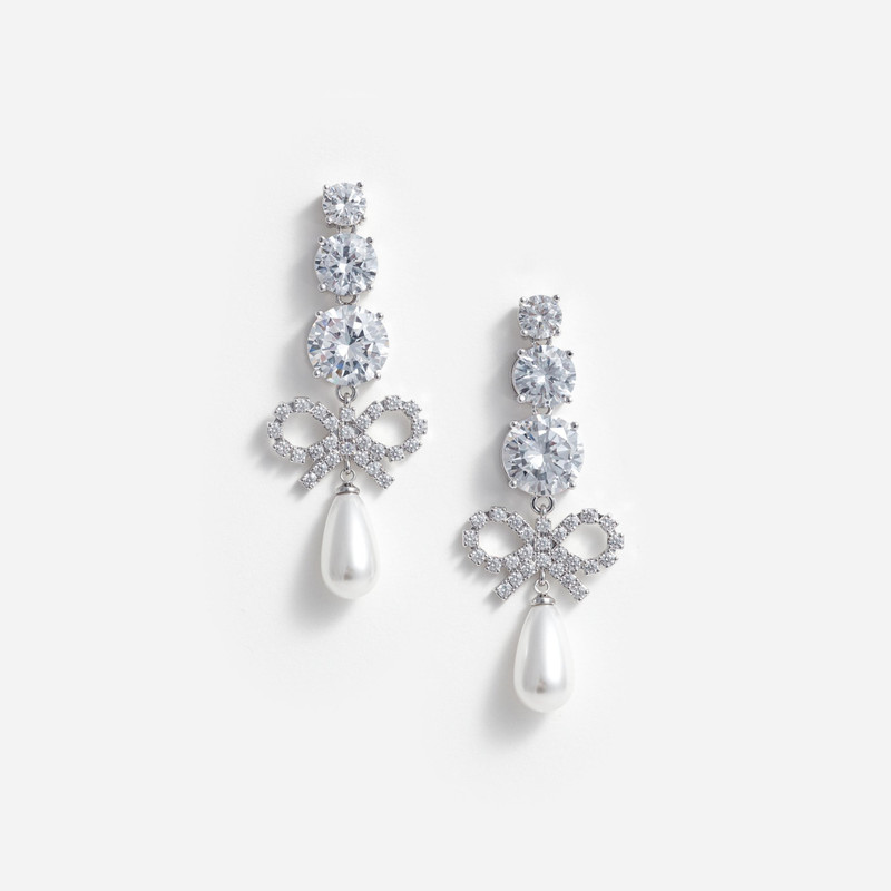 Crystal Bow Pearl Earrings - 1