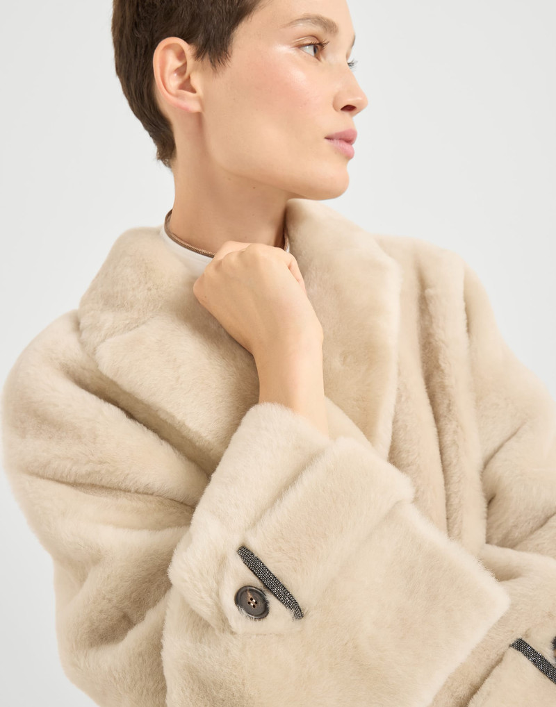 Reversible shearling outerwear jacket with shiny cuff details 3