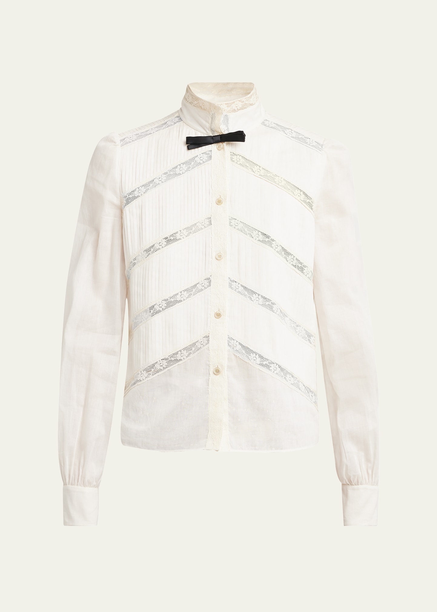 Lace-Inset Pintuck Cotton Blouse - 1