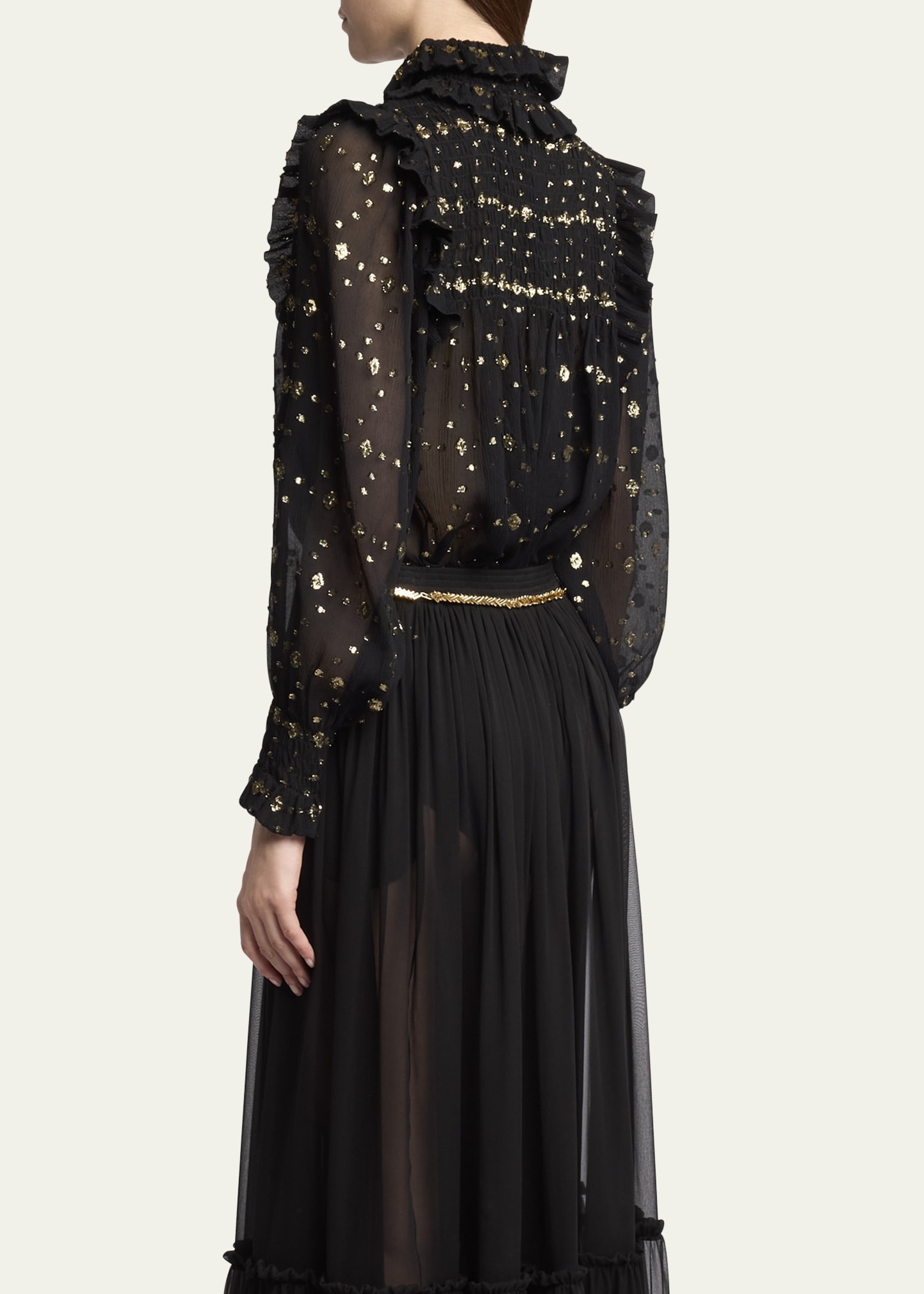 Smocked Sheer High Neck Embroidered Blouse - 3