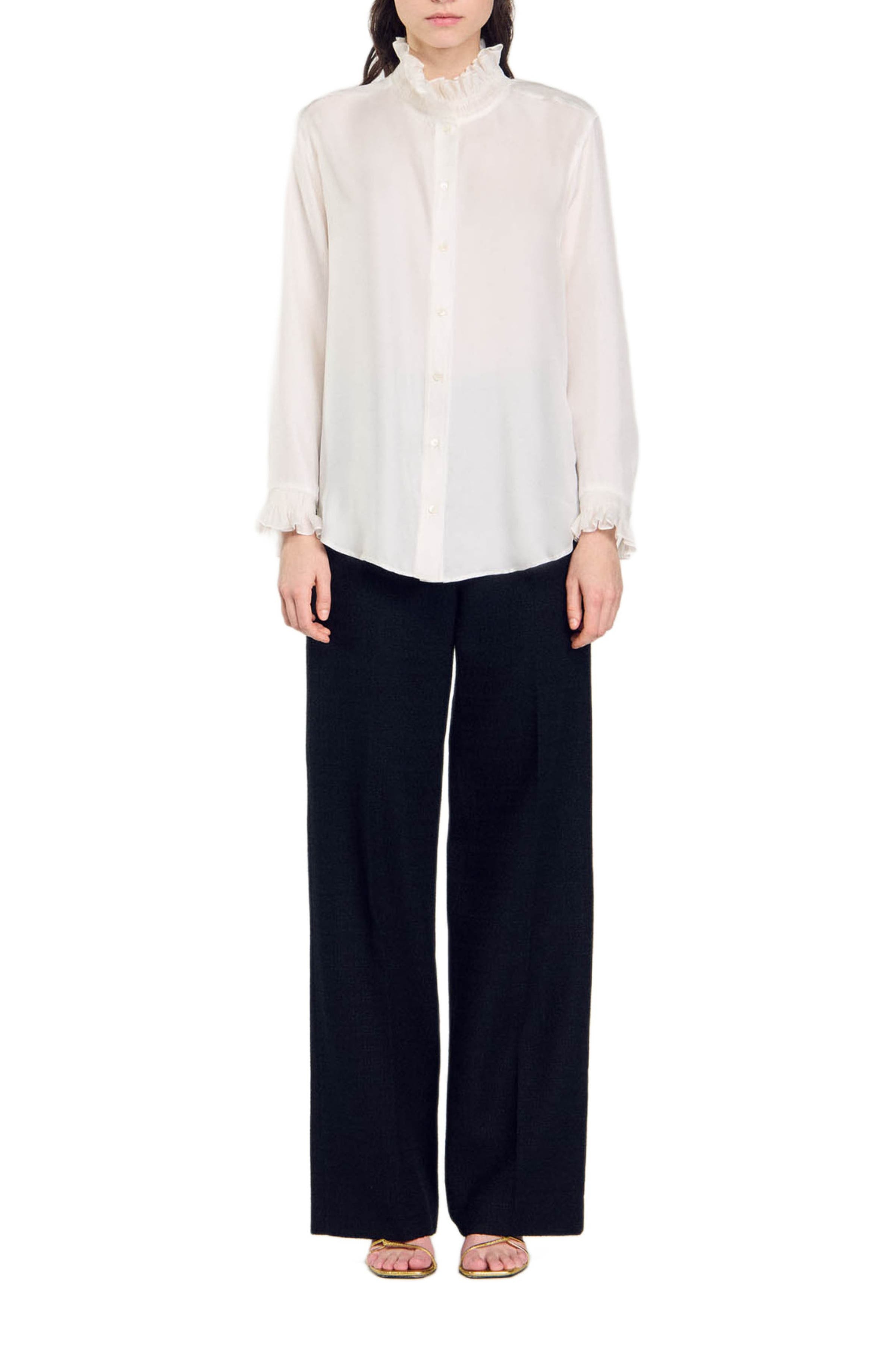 SANDRO Silk shirt with gathered collar in Ecru at Nordstrom - 5