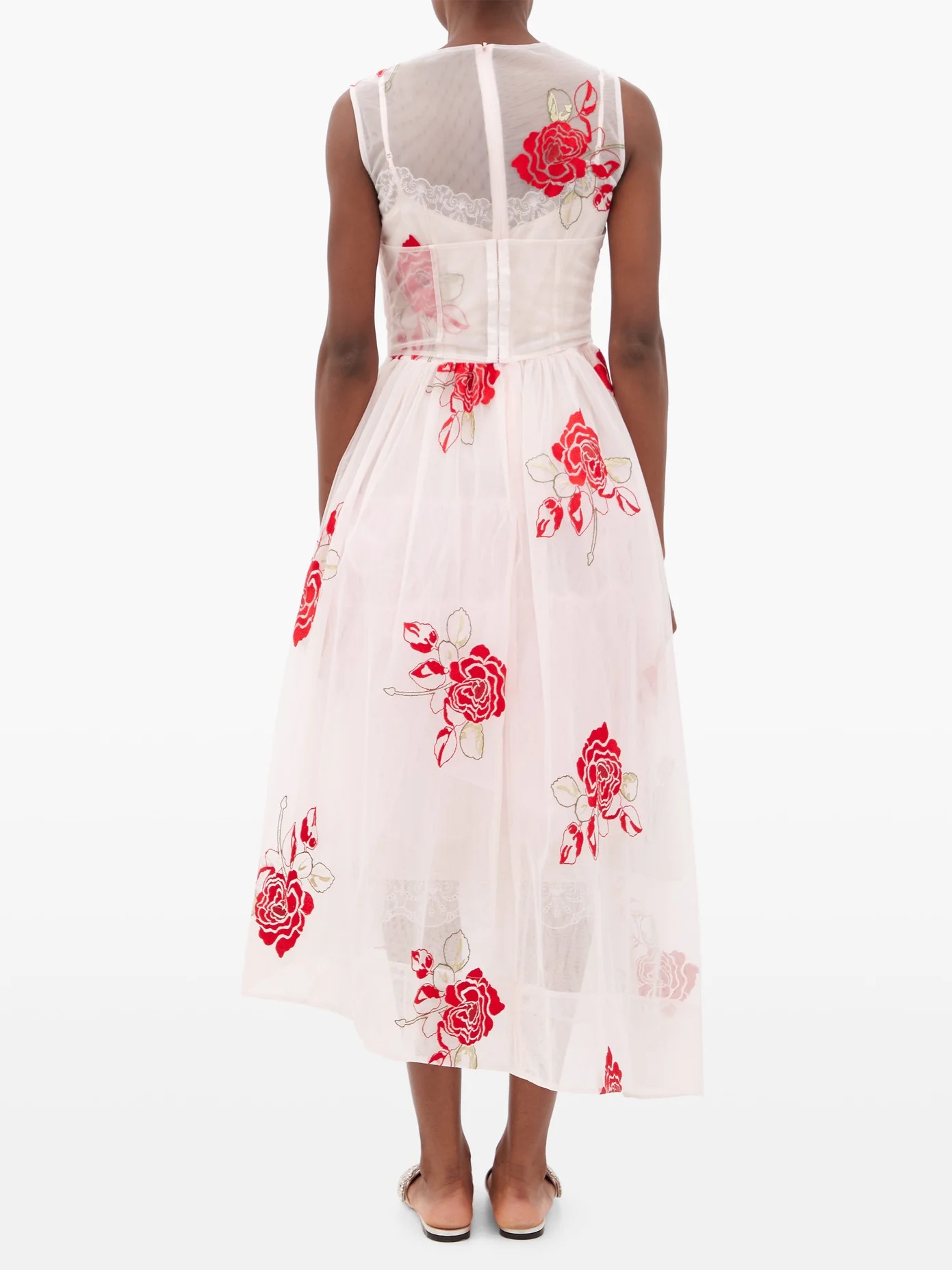 Asymmetric floral-embroidered tulle midi dress - 5