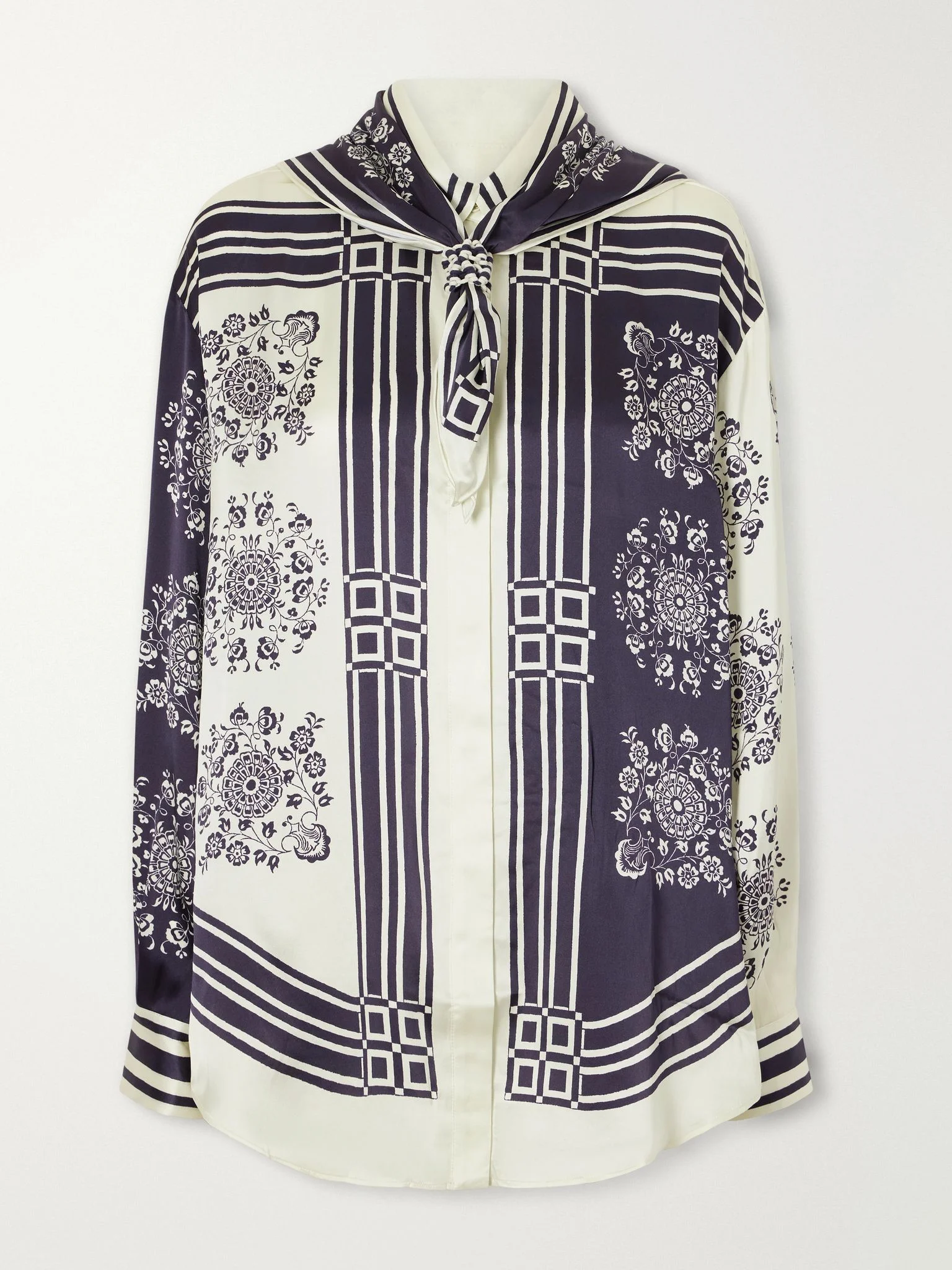 Banderra scarf-detailed printed silk-satin shirt Navy - 1
