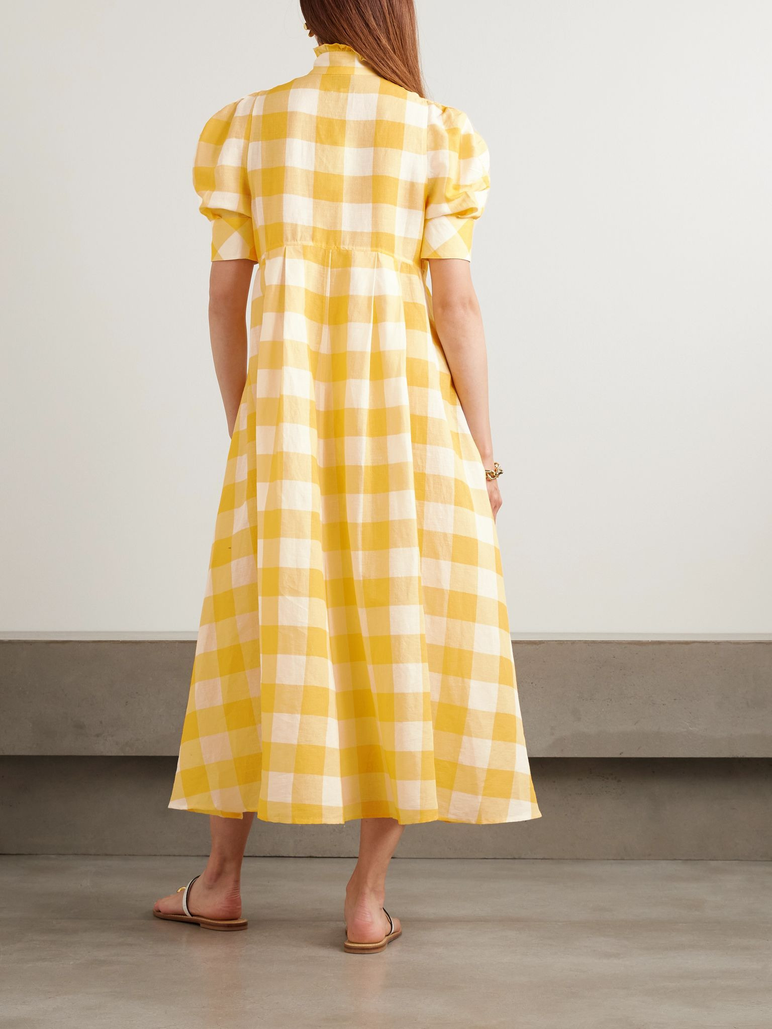 Venetia ruffled gingham linen and cotton-blend midi dress Yellow - 3