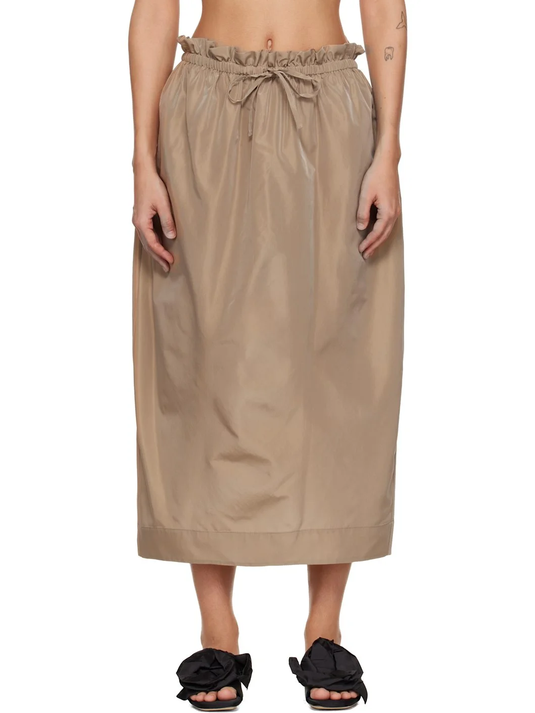 Tan Gathered Waist Tulip Midi Skirt - 1