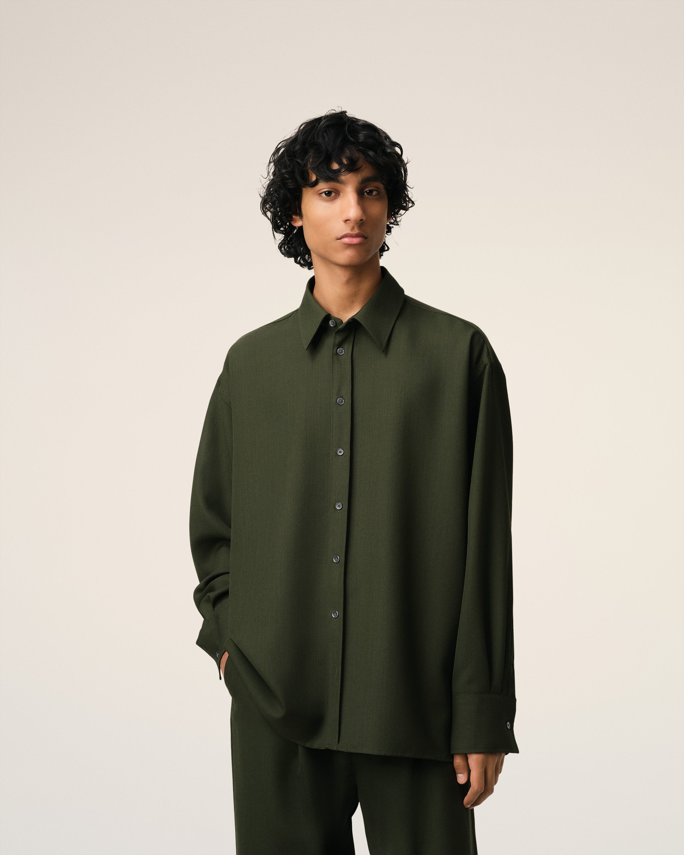 GREEN WOOL BACK SLIT LOOSE SHIRT - 3