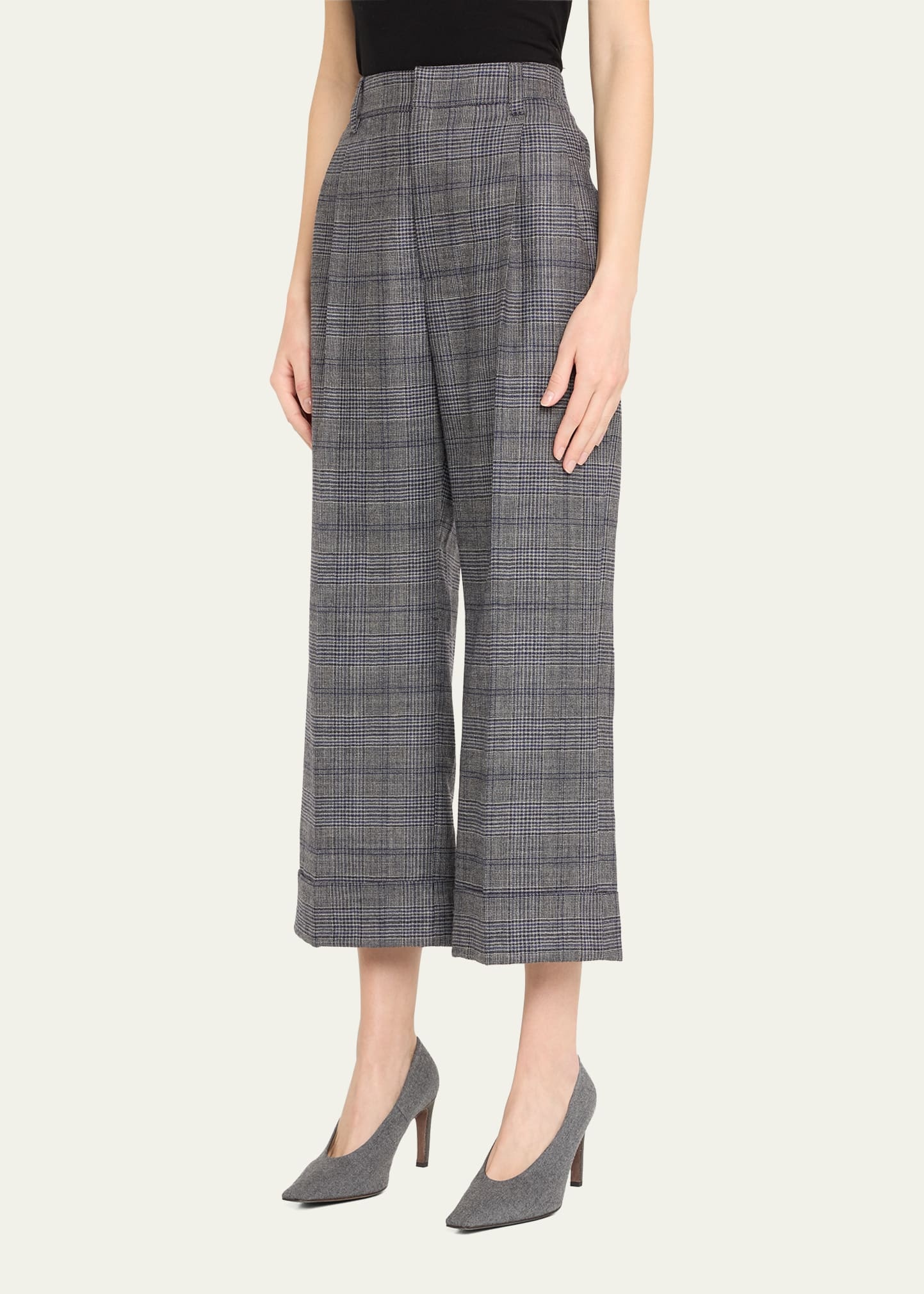 Pleated Wool Prince Of Wales Wide-Leg Crop Trousers - 4