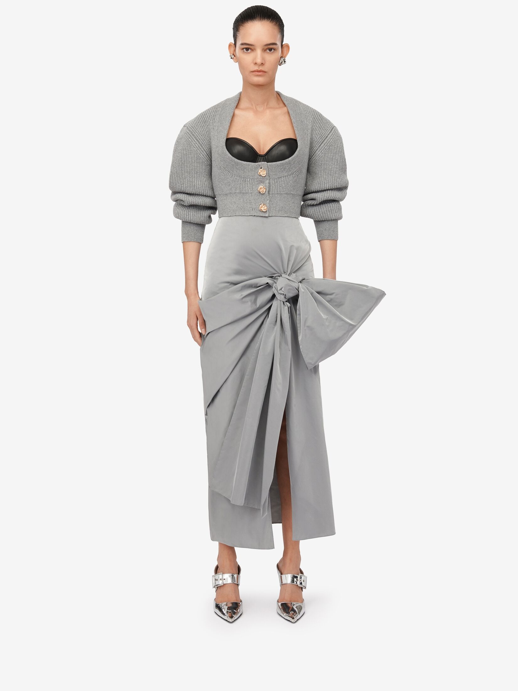 Women's Bow Detail Slim Skirt in Silver - 2