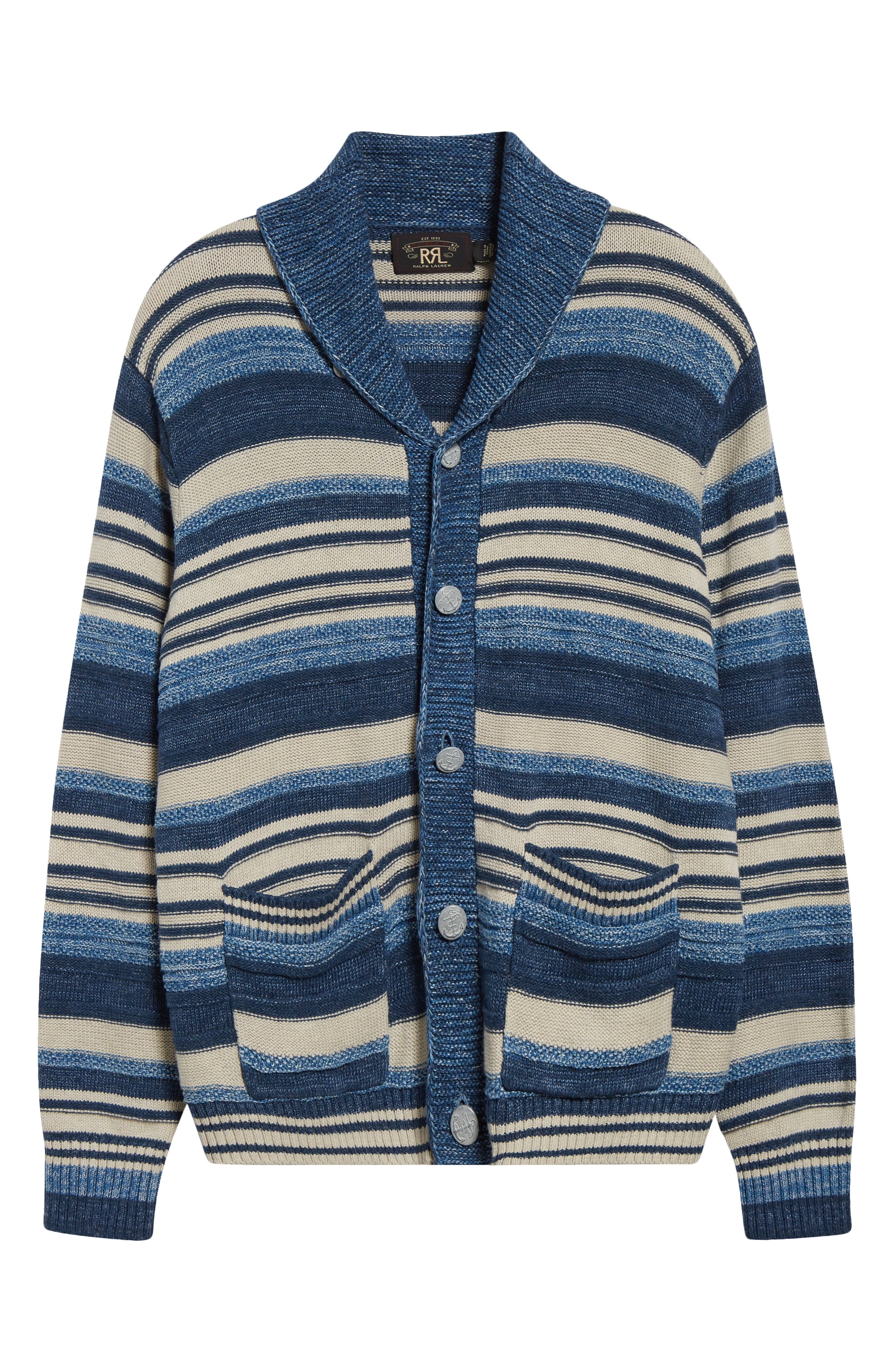 Double RL Indigo Stripe Cotton & Linen Cardigan in Indigo/Multi at Nordstrom - 5