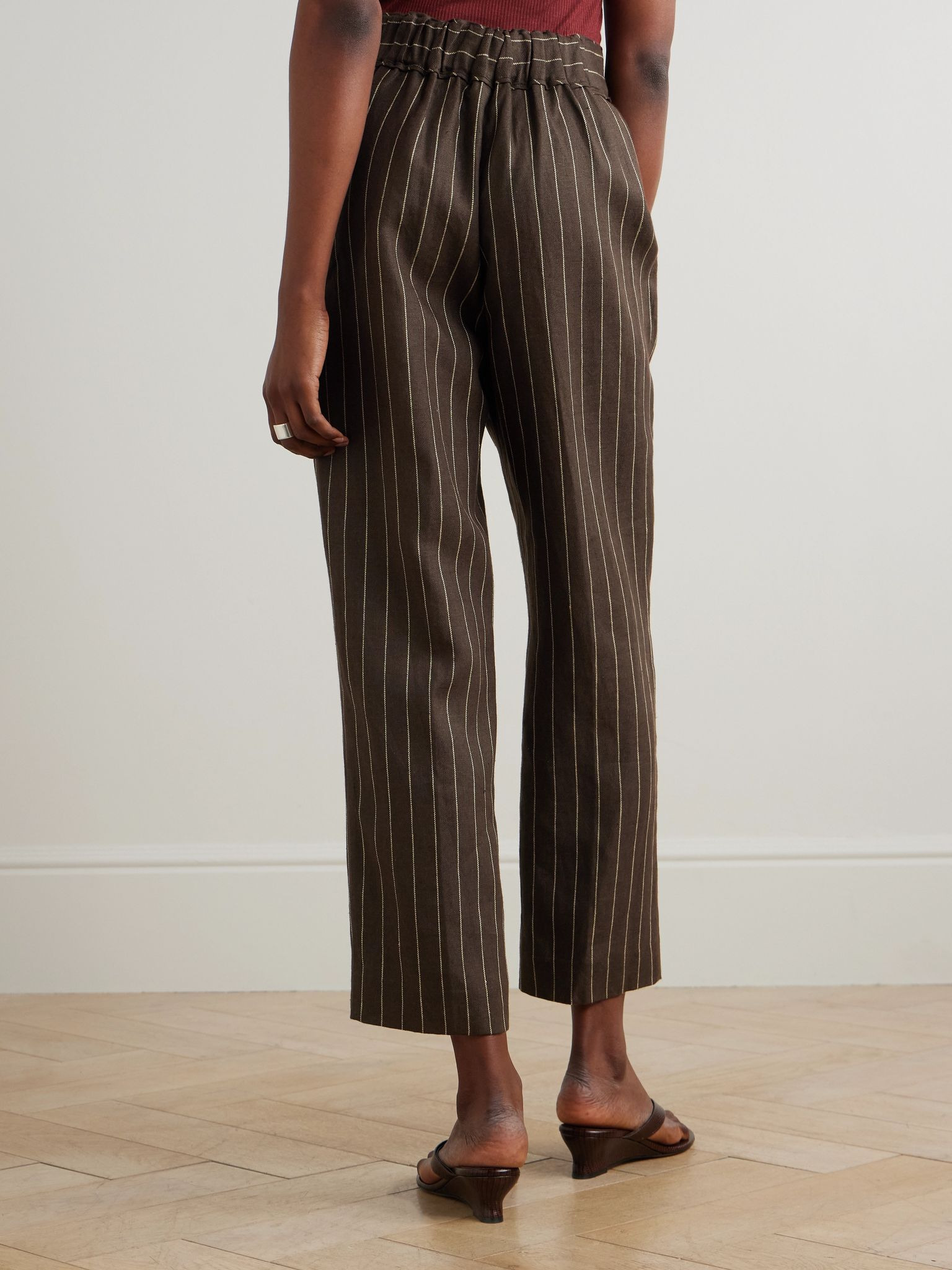 Thea pleated pinstriped linen-twill straight-leg pants Dark brown - 3