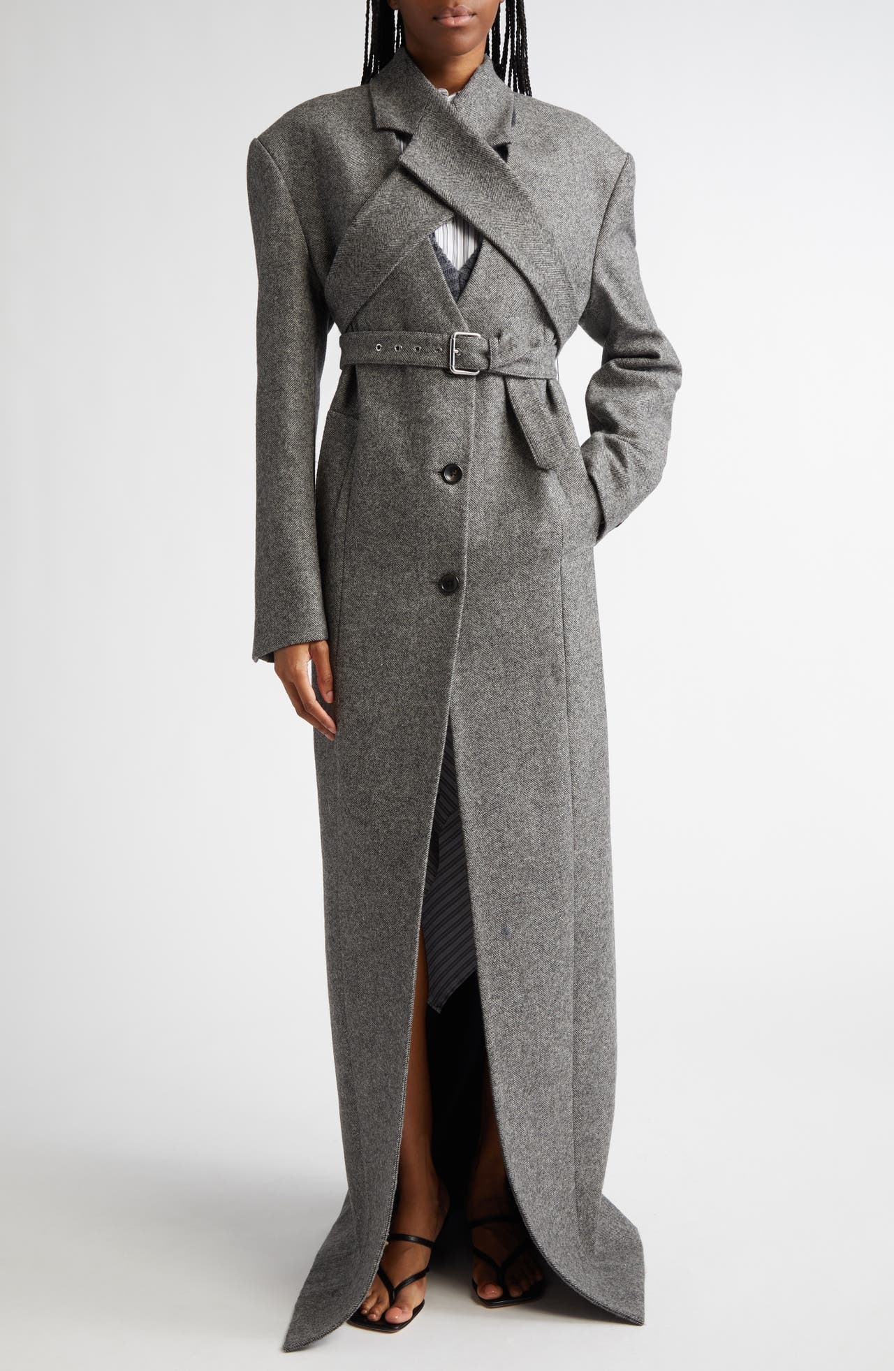 MONSE Crisscross Lapel Virgin Wool Herringbone Tweed Coat in Charcoal at Nordstrom - 1