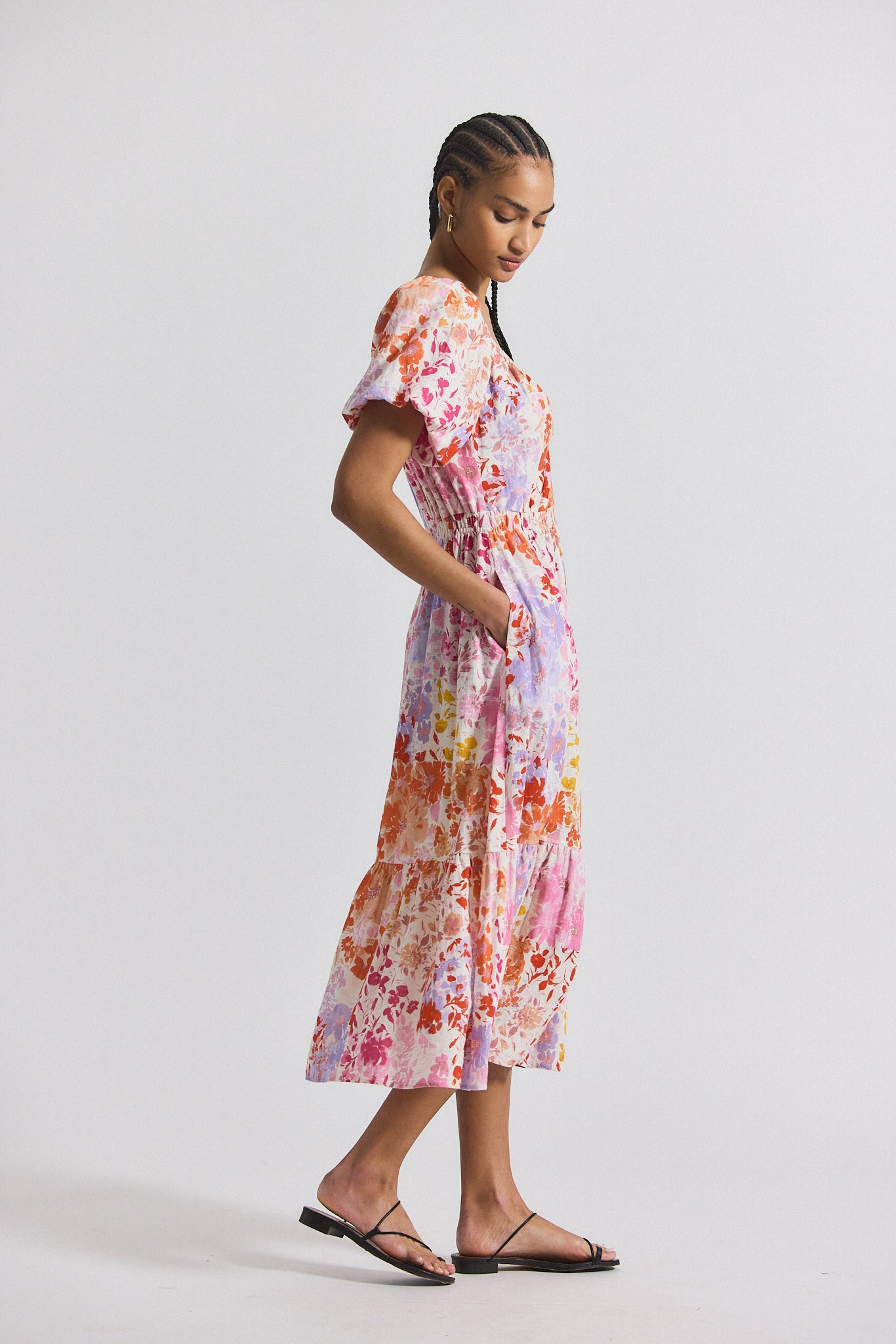 LAINE FLORAL PRINTED STRETCH LINEN PUFF SLEEVE MAXI DRESS - 3