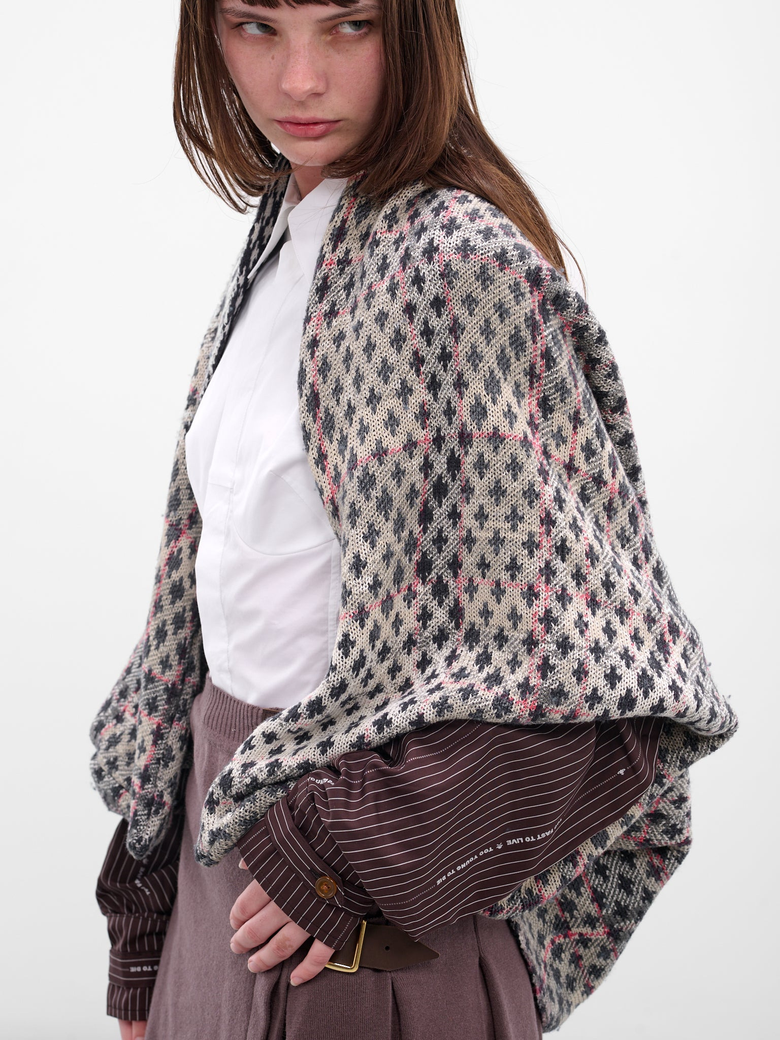 Gray Cross Distressed Tartan Poncho - 5
