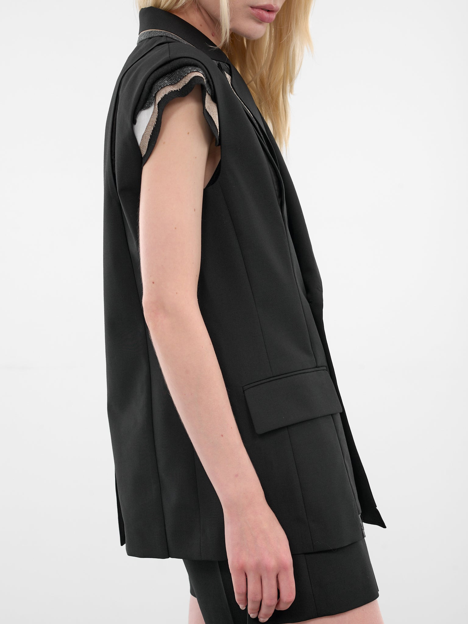 Black Deconstructed Wool Blazer Vest - 4