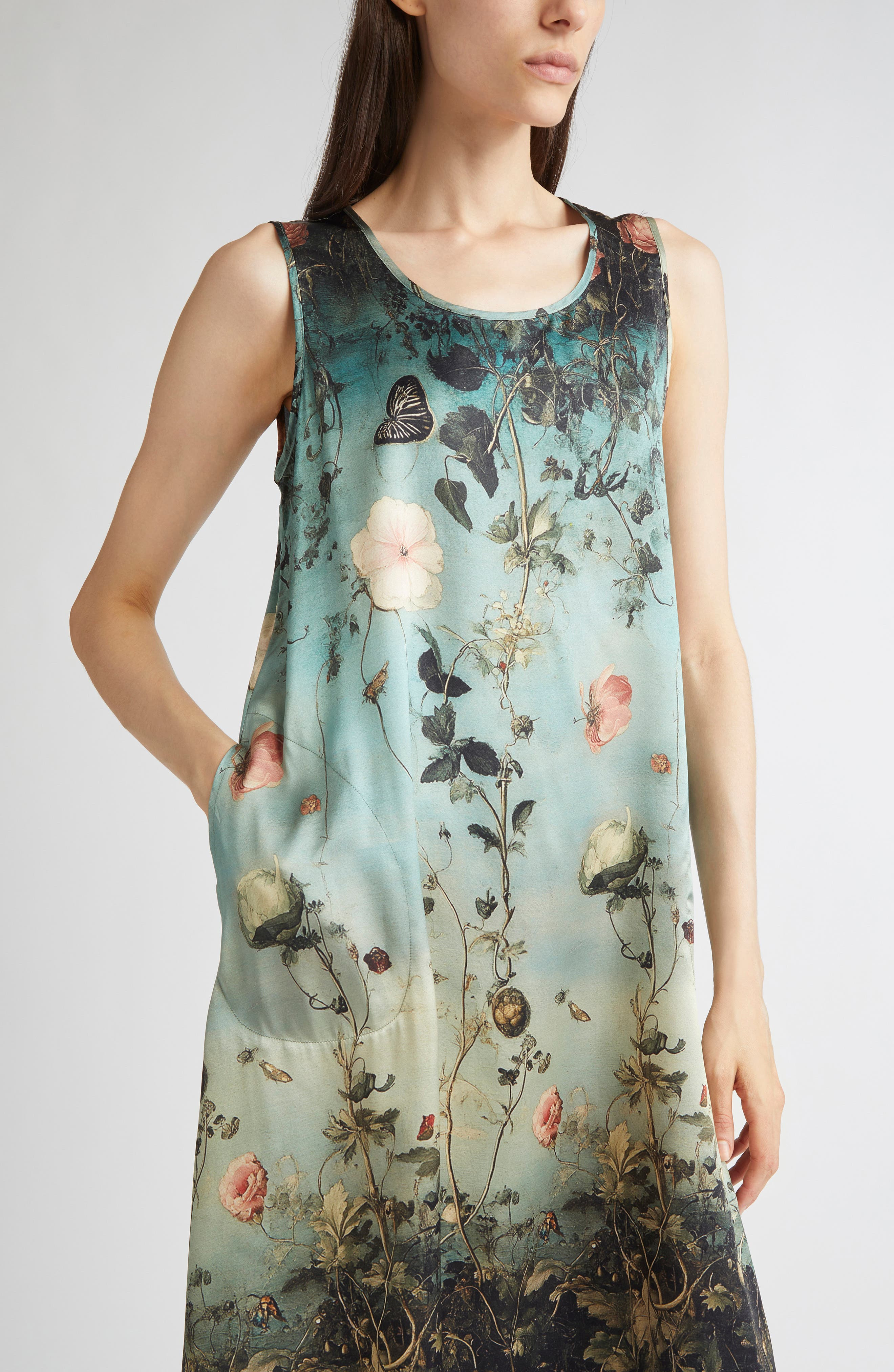 R13 Floral Print Sleeveless Midi Dress in Dipped Black Turquoise Floral at Nordstrom - 4