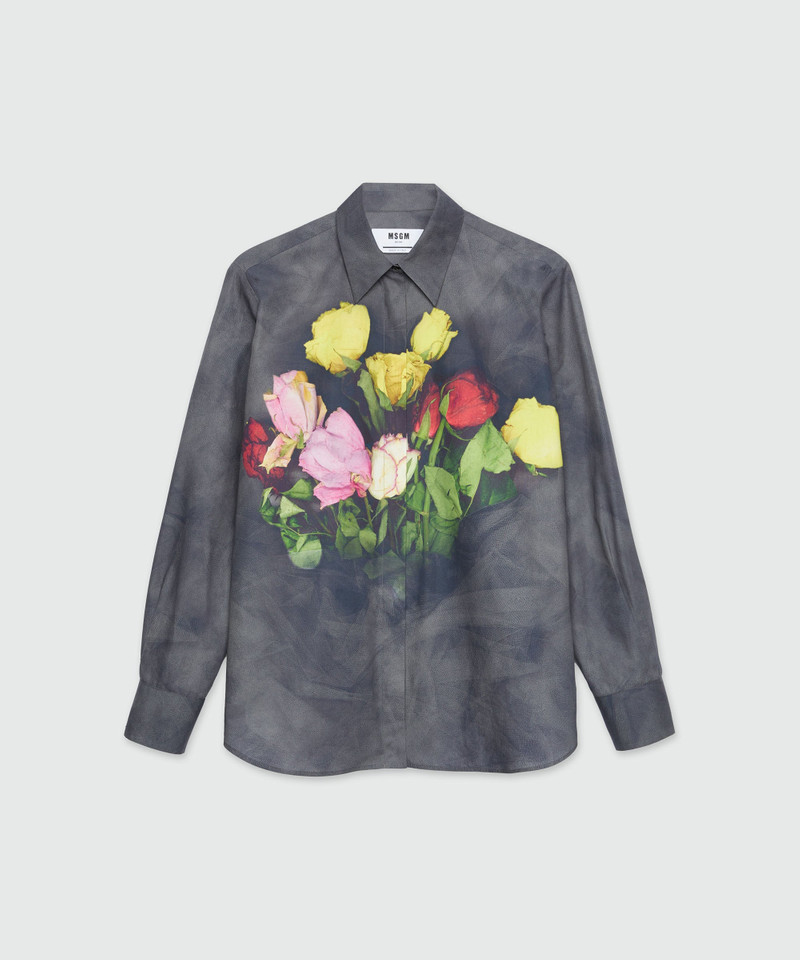 Black poplin shirt with "Roses bouquet" print 1