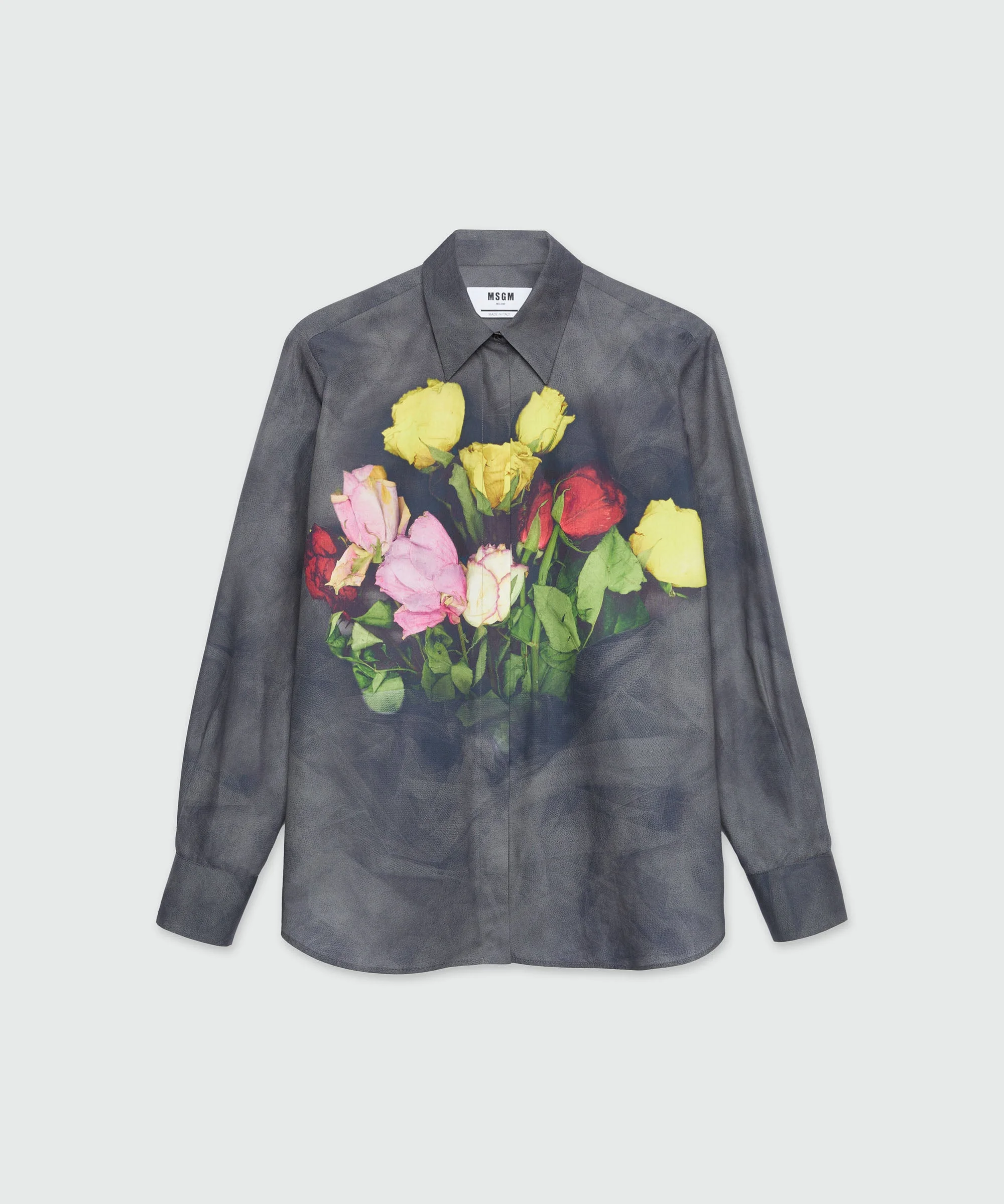 Black poplin shirt with "Roses bouquet" print - 1