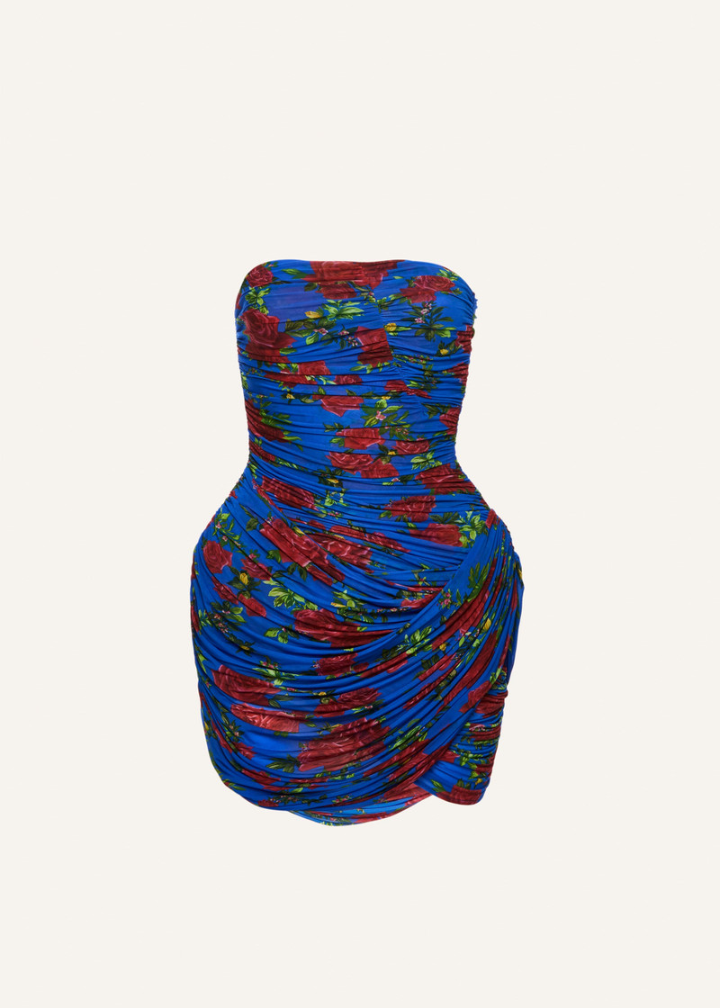 Strapless ruched floral mini dress in blue print 1