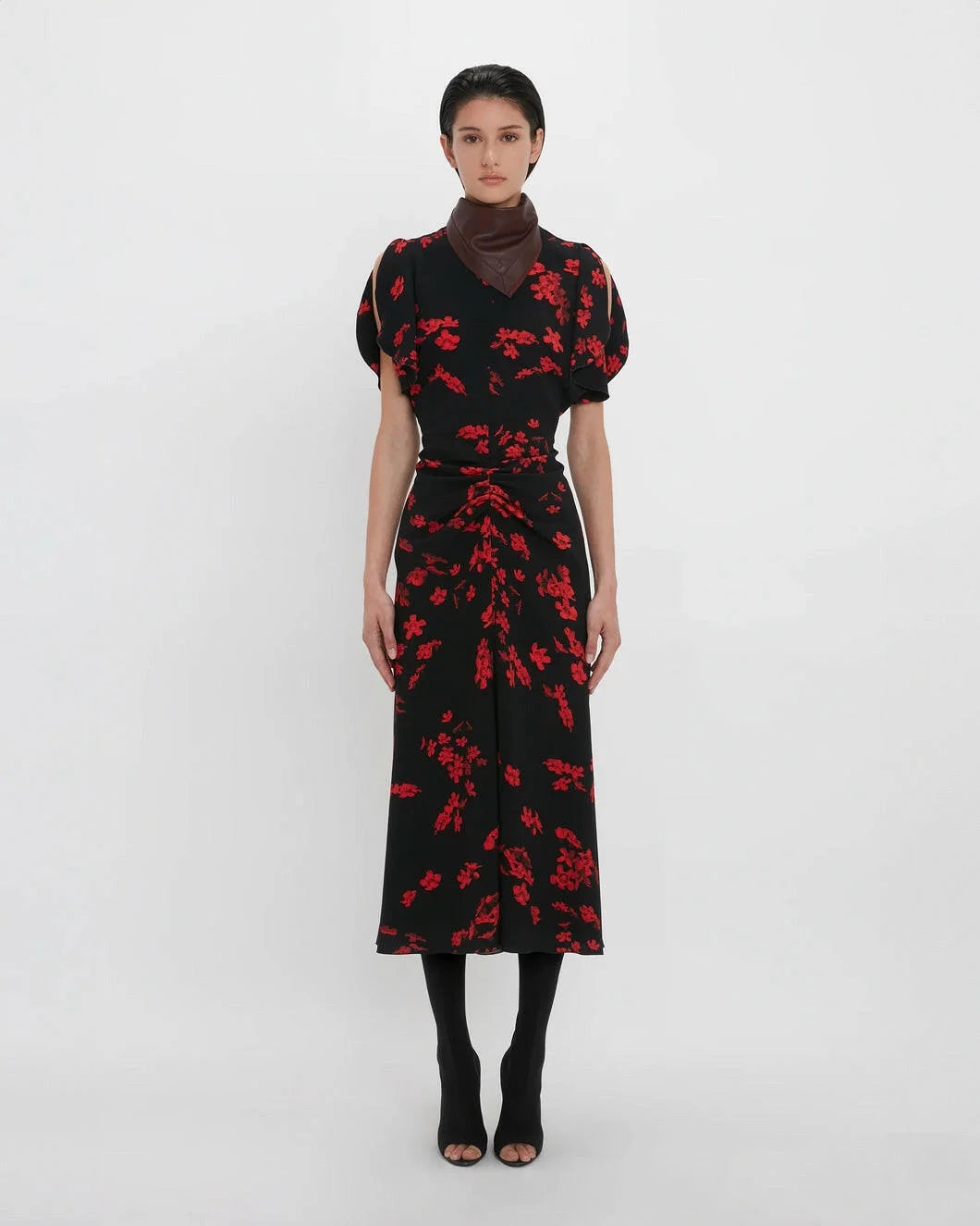 GATHERED WAIST MIDI DRESS SCIFI FLORAL BLACK - 2