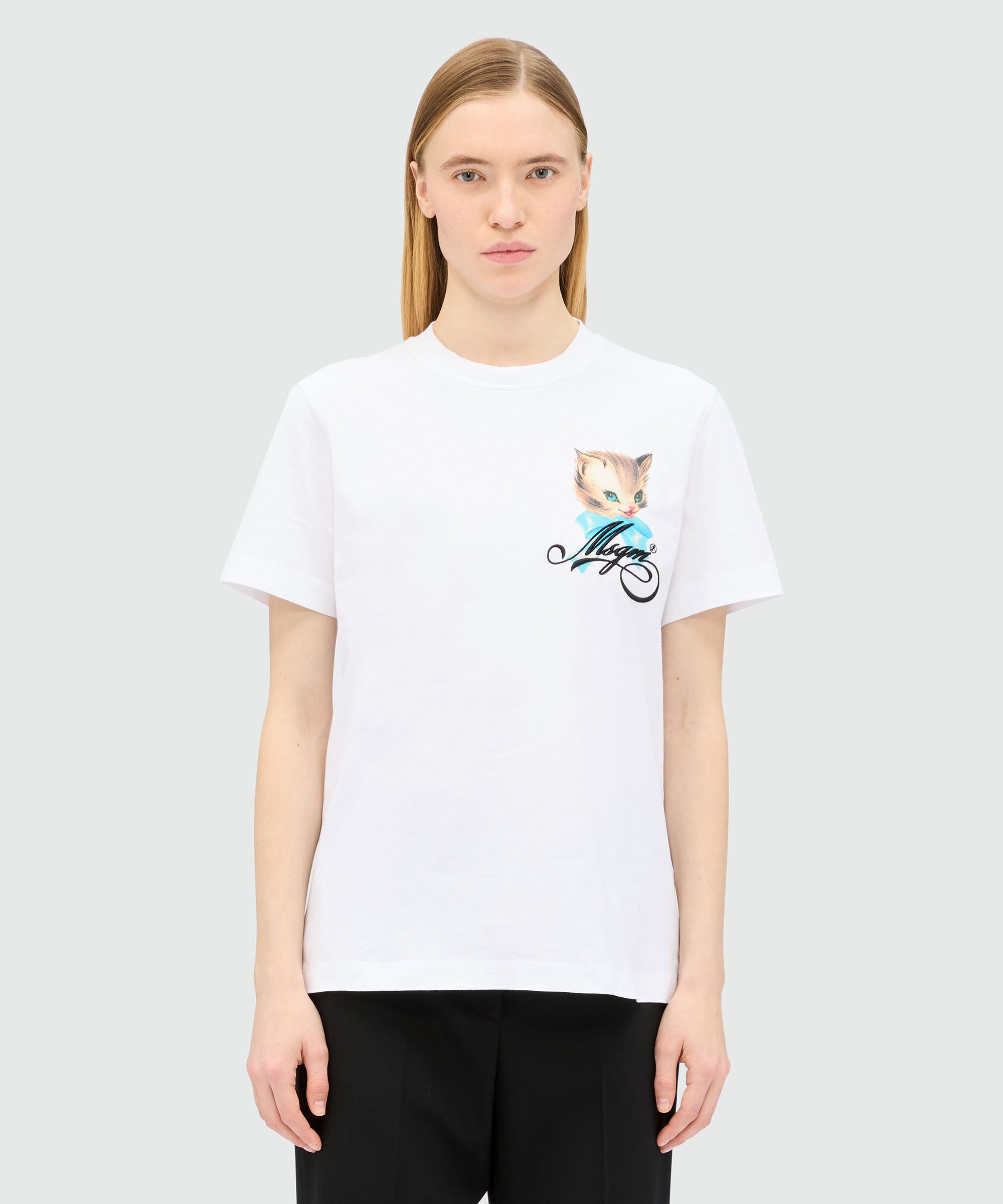 White jersey T-shirt with "Cute Kitty" graphic and cursive MSGM logo - 2