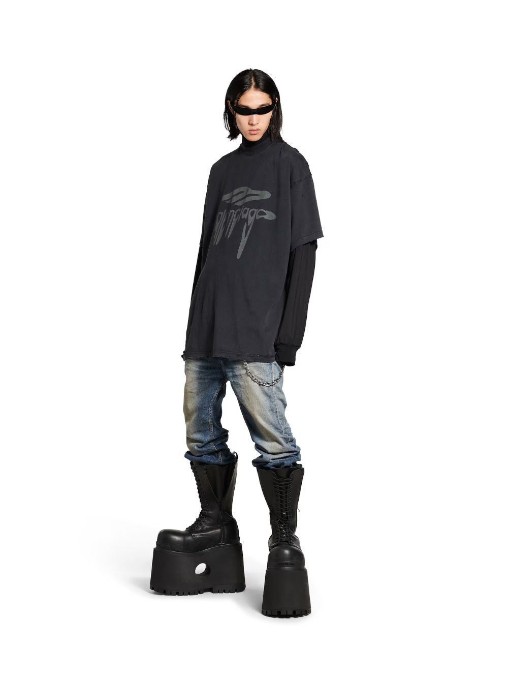 Balenciaga Men '3B Liquefied' Grey T-Shirt With Logo On The Front And Distressed Effect In Cotton Ma - 4