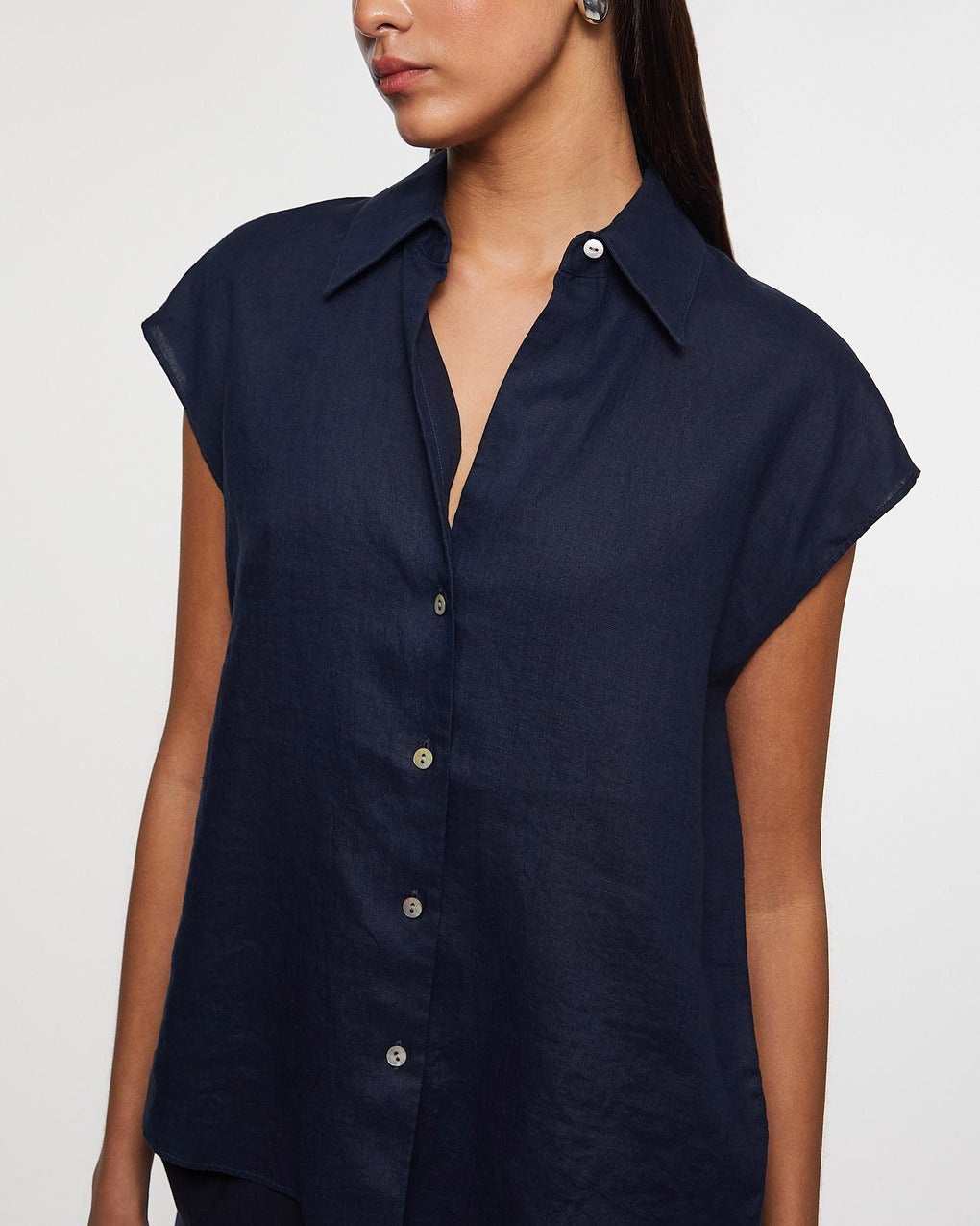 Blouse Linen Cap-Sleeve Button-Front Blue - 5