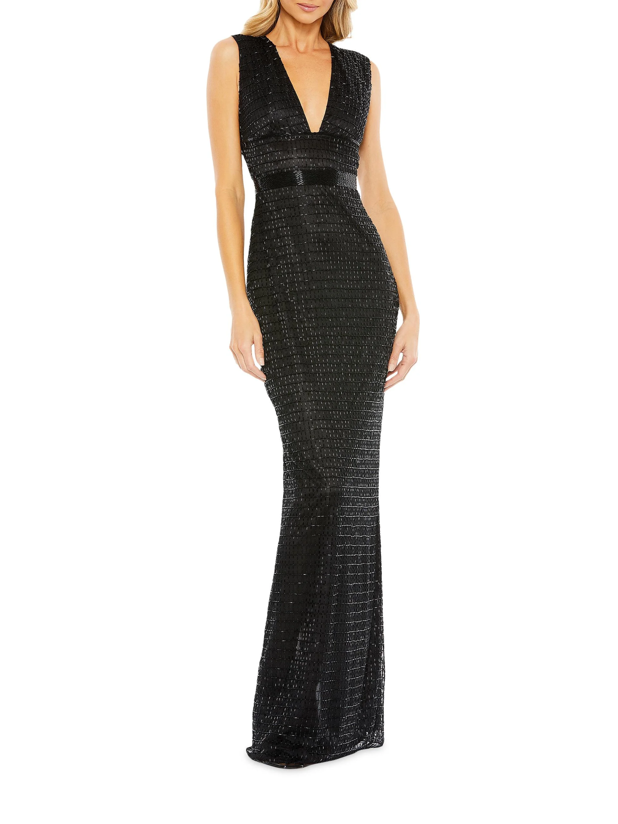 Women's Beaded V-Neck Column Gown - Black - 1