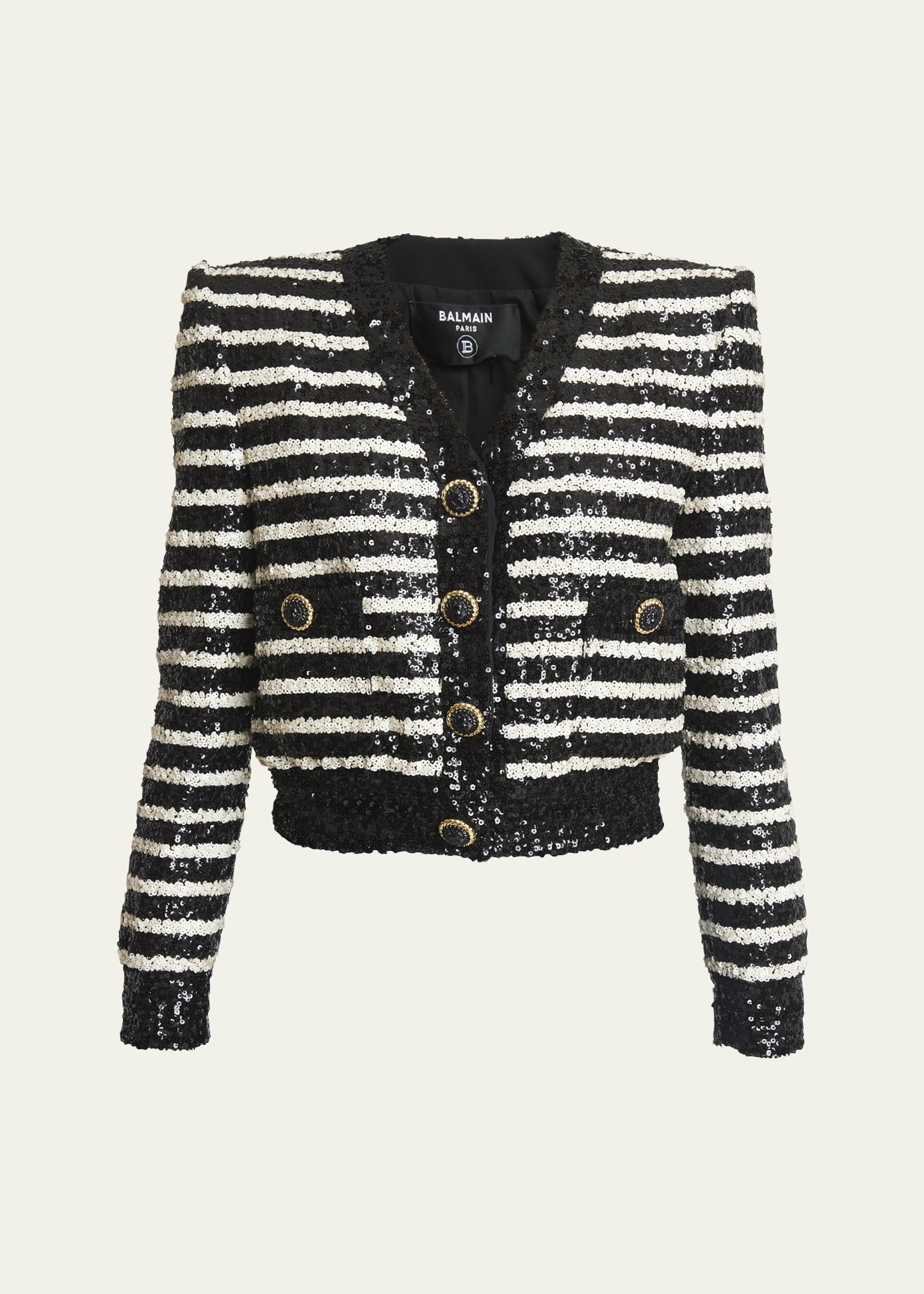 Striped Sequined Crop Jacket with Button Details - 1