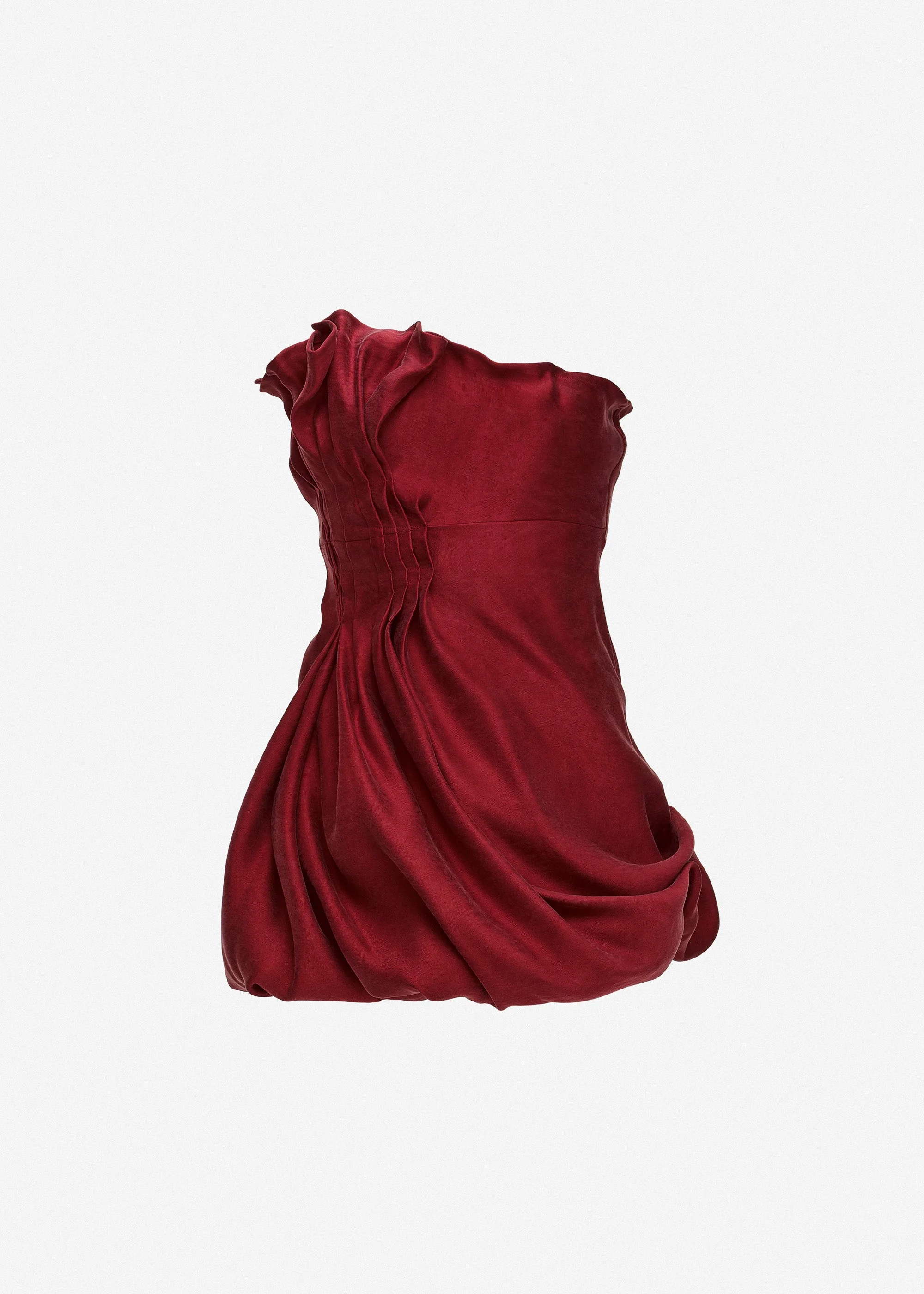 Asymmetric pleated silk bubble mini dress in red - 1
