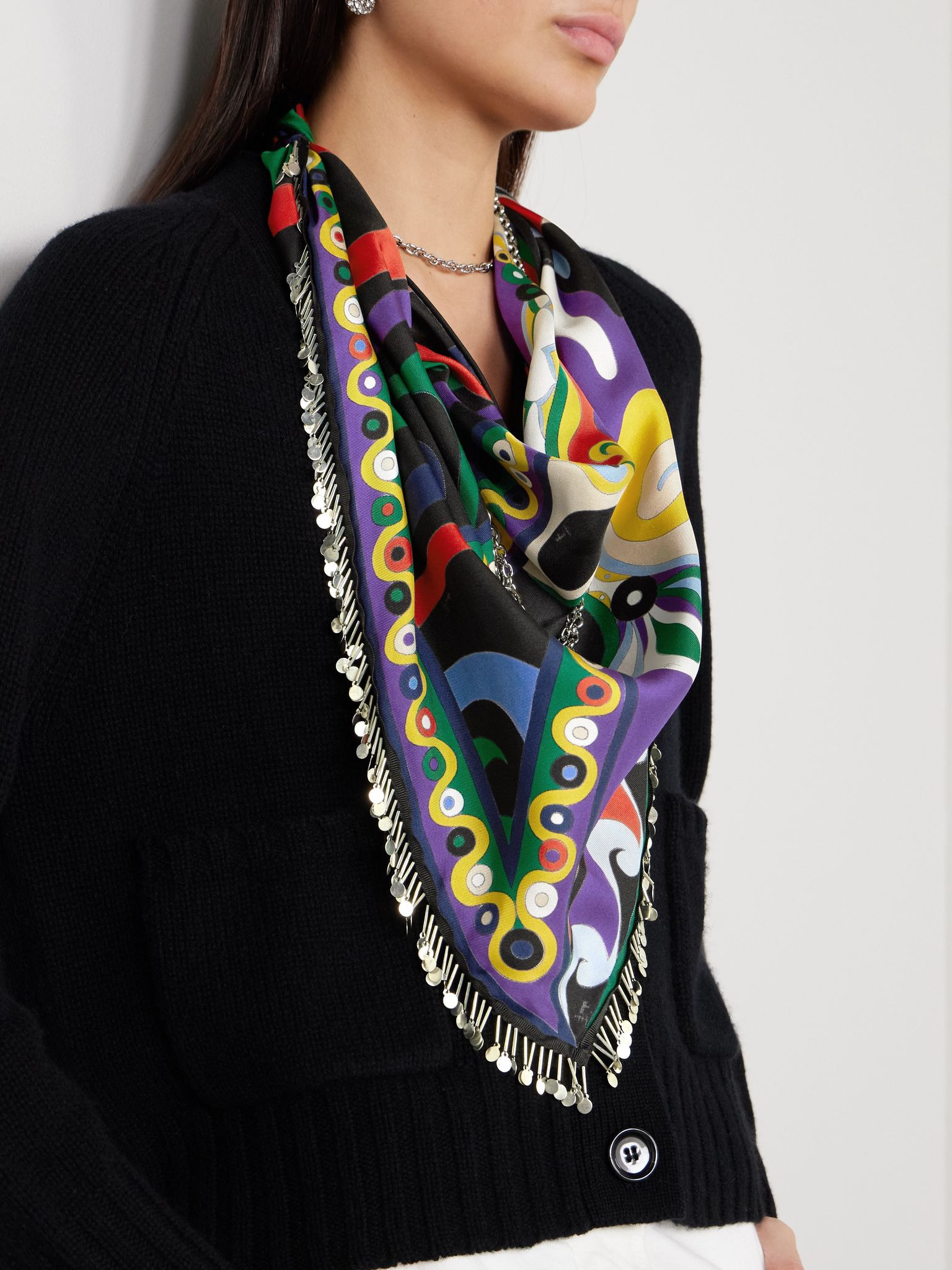 Embellished printed silk-twill scarf Black - 2