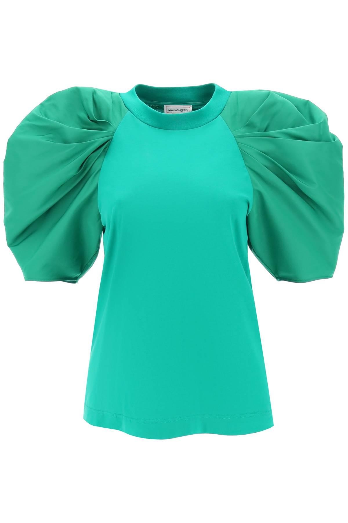 T-SHIRT WITH RUCHED BALLOON SLEEVES IN POLY FAILLE - 1