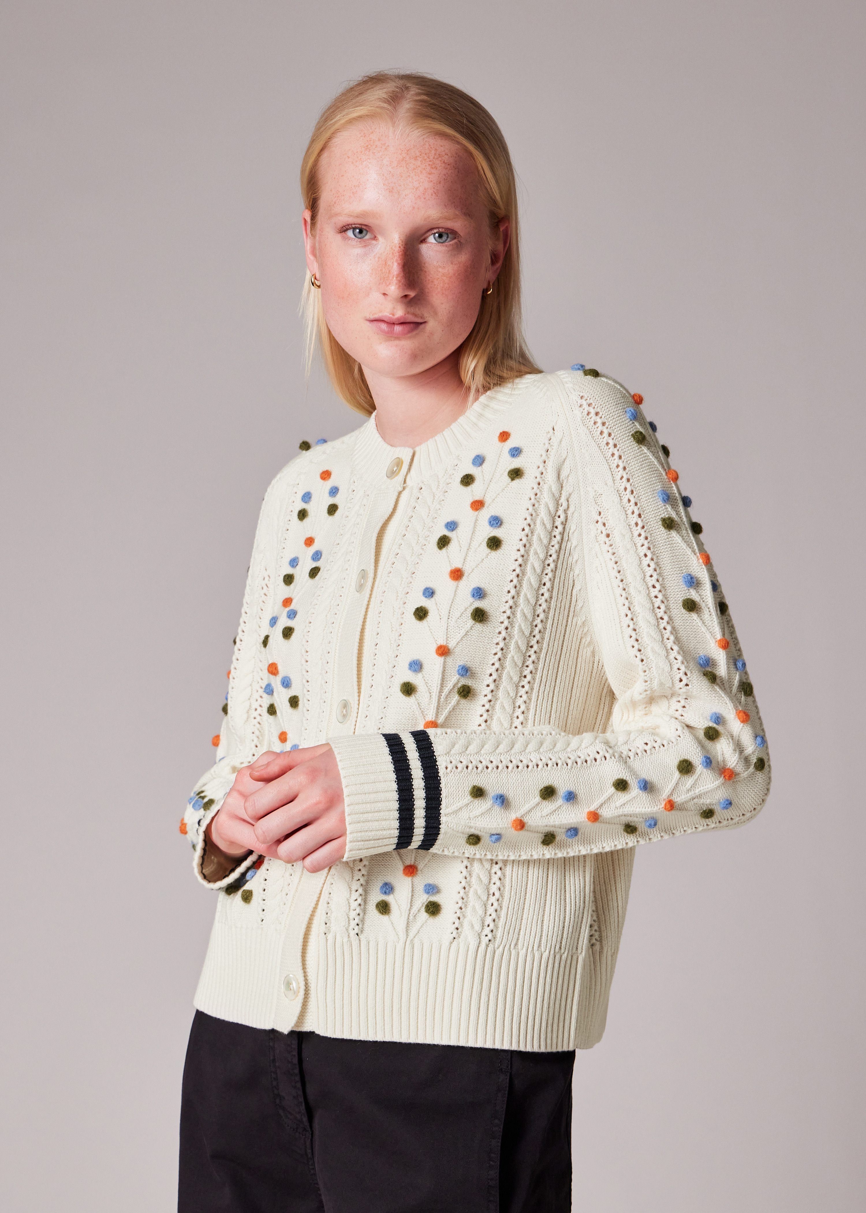 Women's Ecru Cable Knit Pom Pom Cardigan - 5