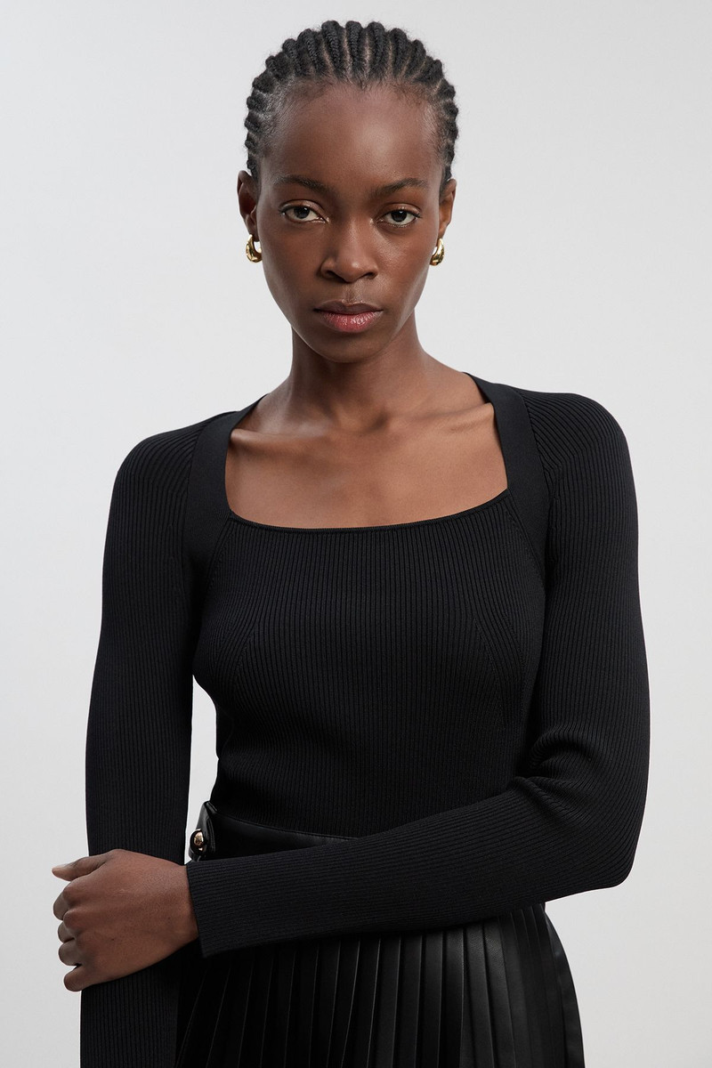 KAREN MILLEN Viscose Rib Pu Mix Tab Detail Pleated Knit Mini Dress outlook