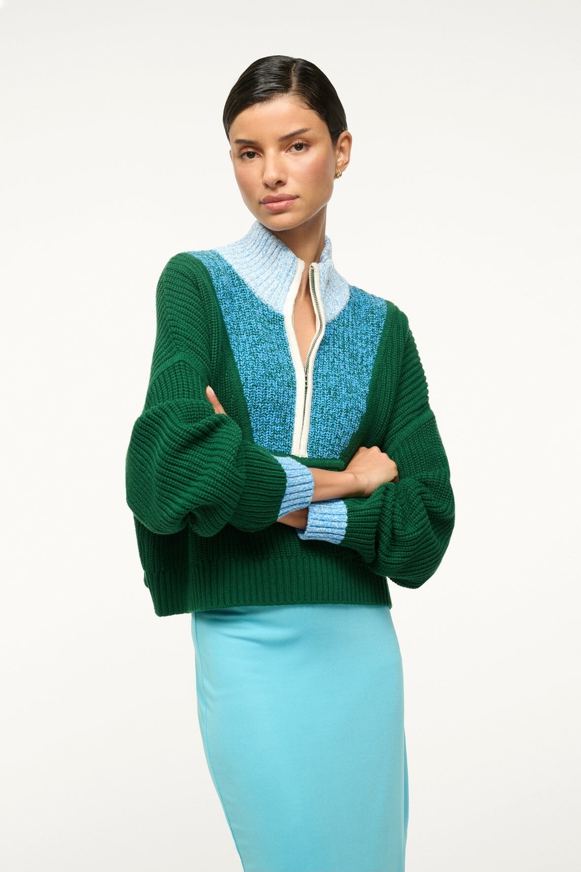 STAUD CROPPED HAMPTON SWEATER JUNGLE SKY IVORY - 5
