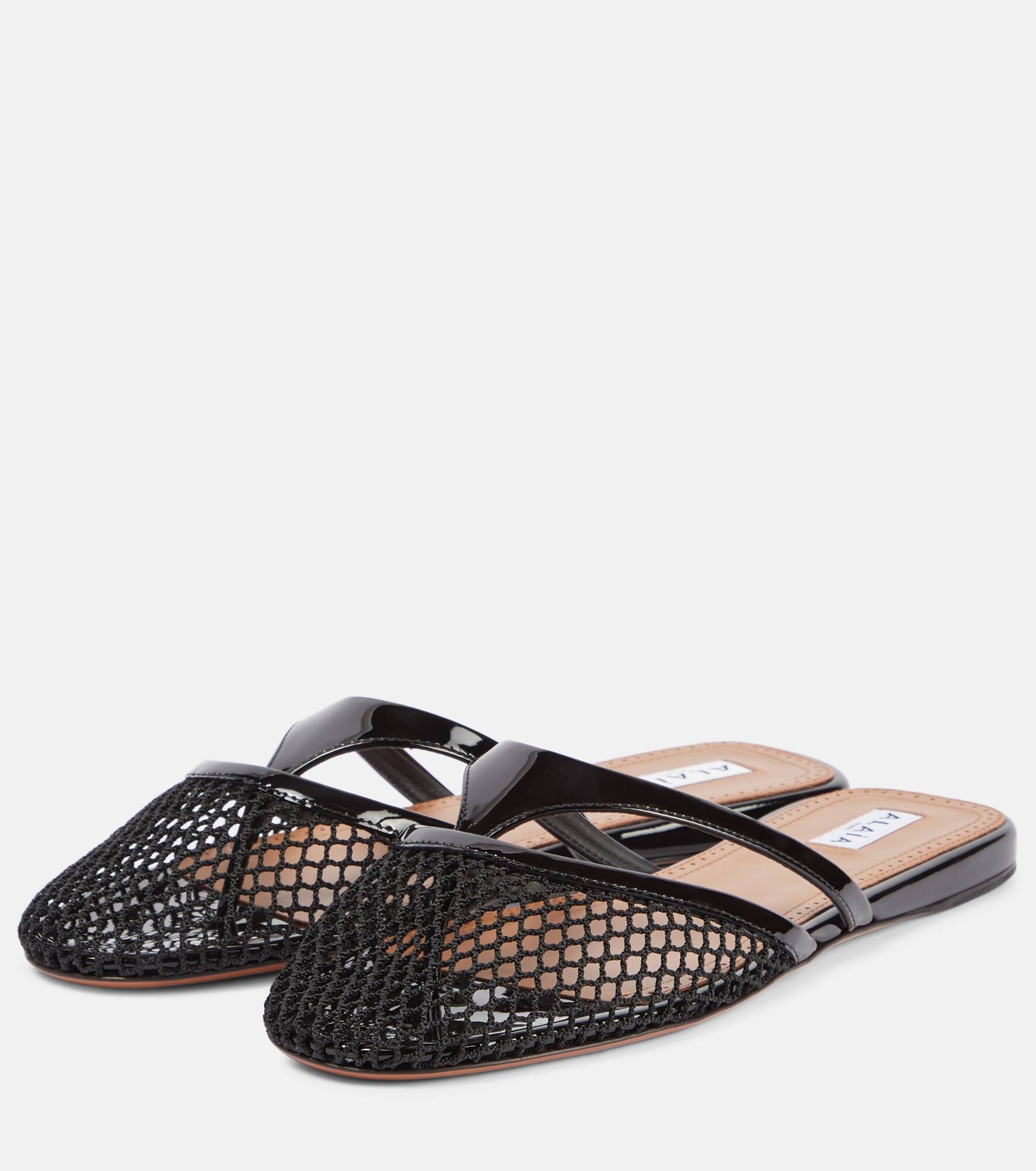 Infradito fishnet leather-trimmed mules - 4