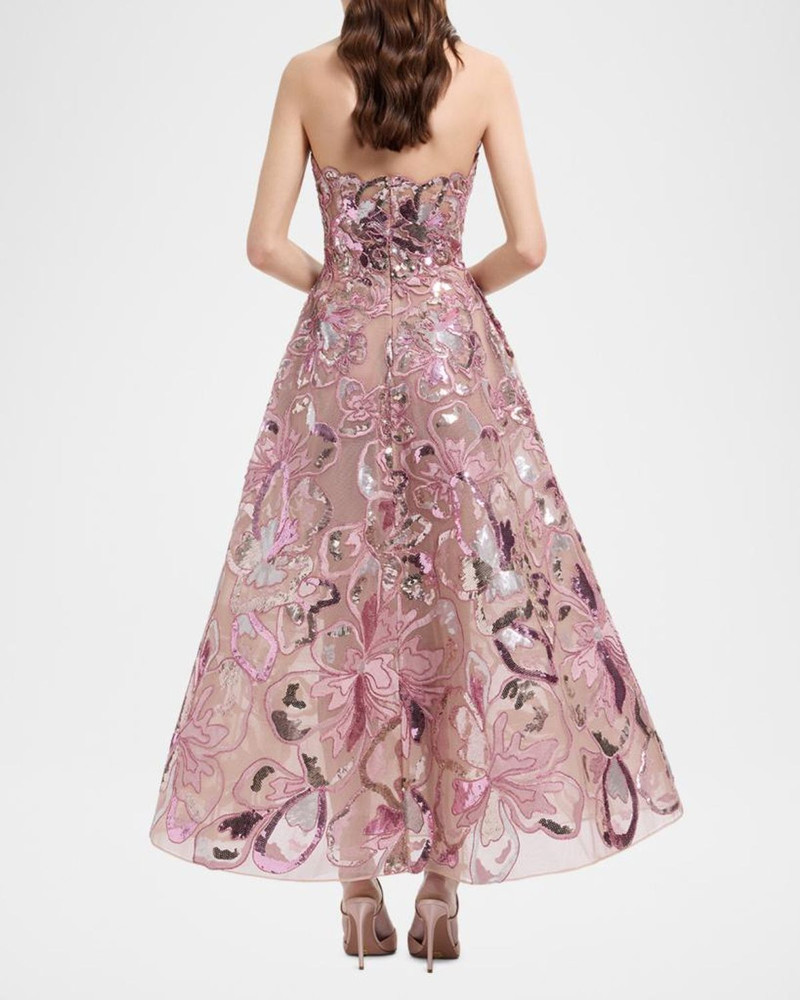 Strapless Floral Sequined Tea-Length Gown 3