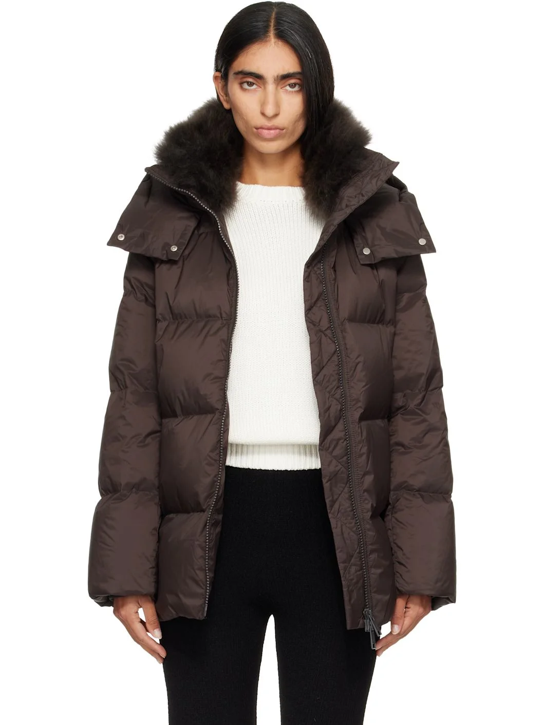 Brown Waterproof Technical Lambswool Trim A-Line Down Jacket - 1