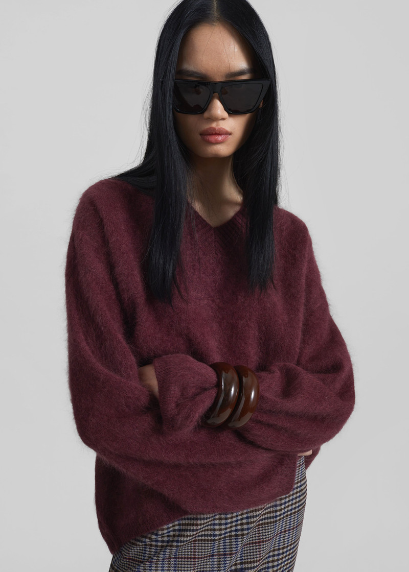Vilhena Wool Fuzzy V-Neck Sweater - Burgundy 12