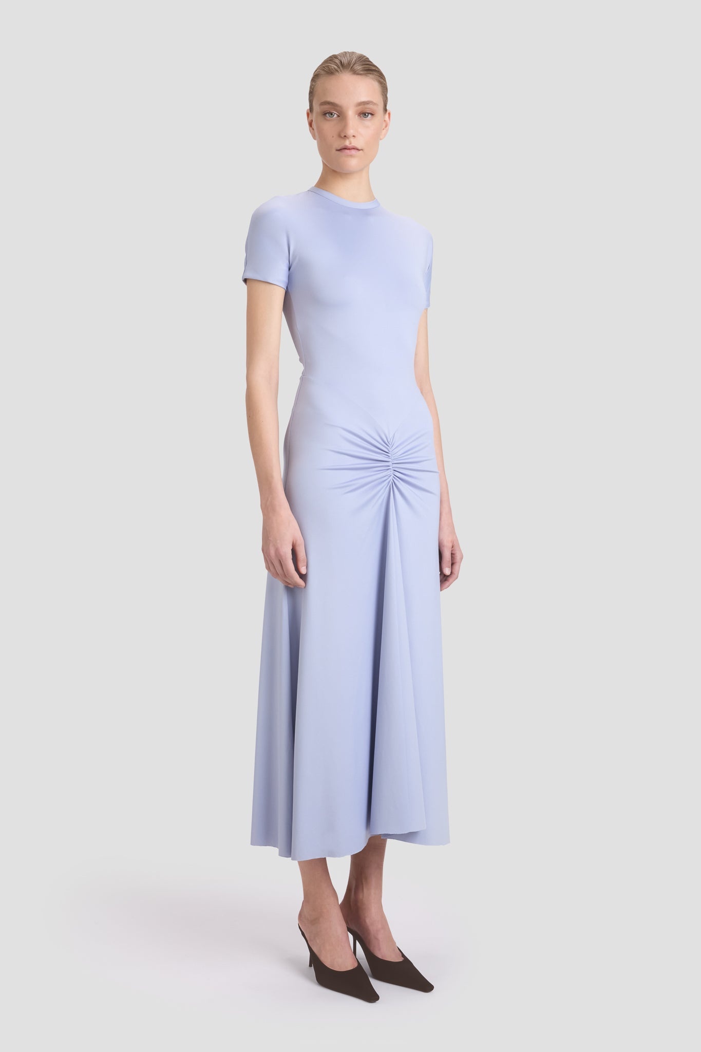 Gathered Waist T-Shirt Midi Dress In Delphinium Blue - 5