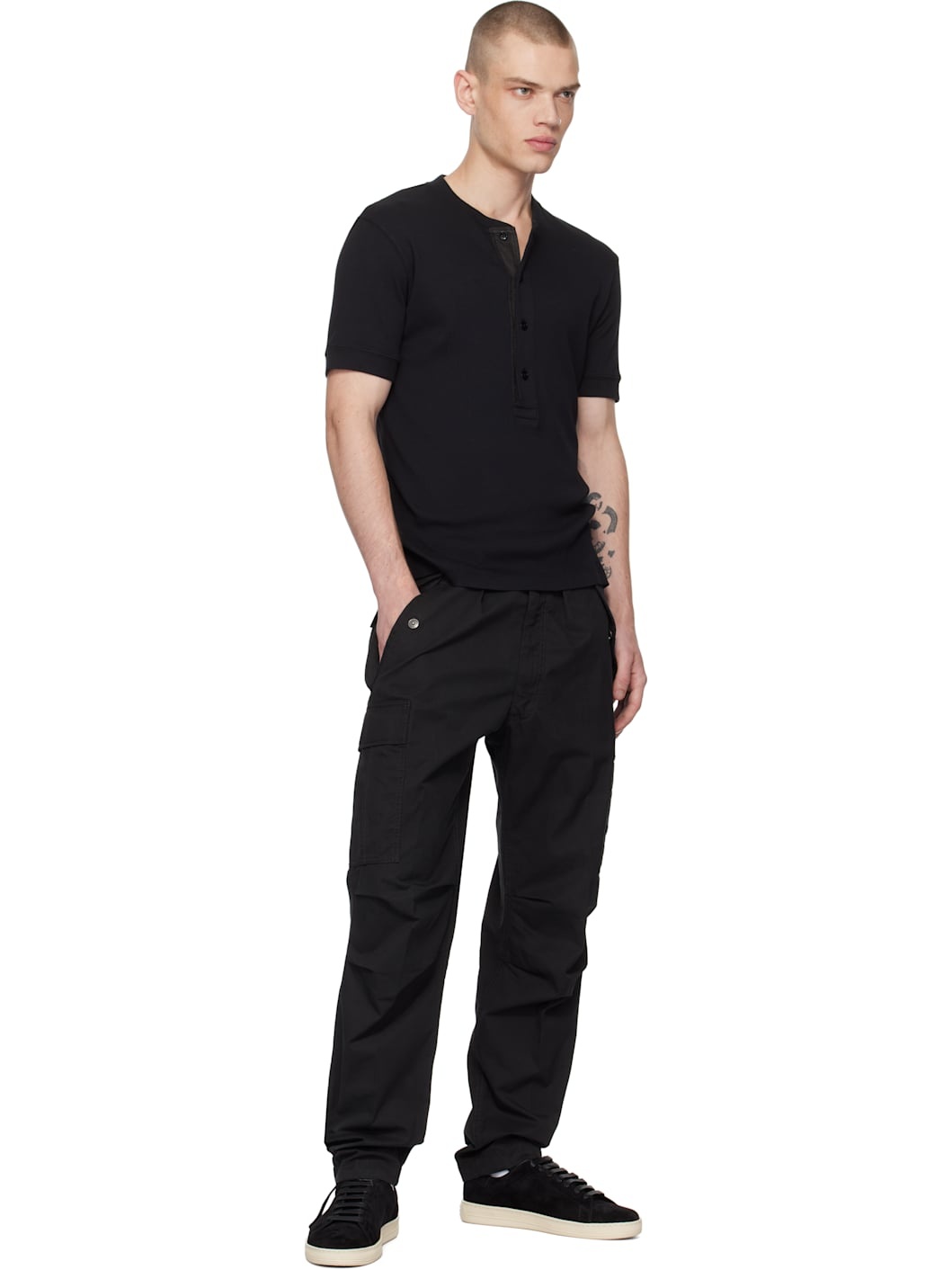 Black Cotton Modal Rib Henley - 4